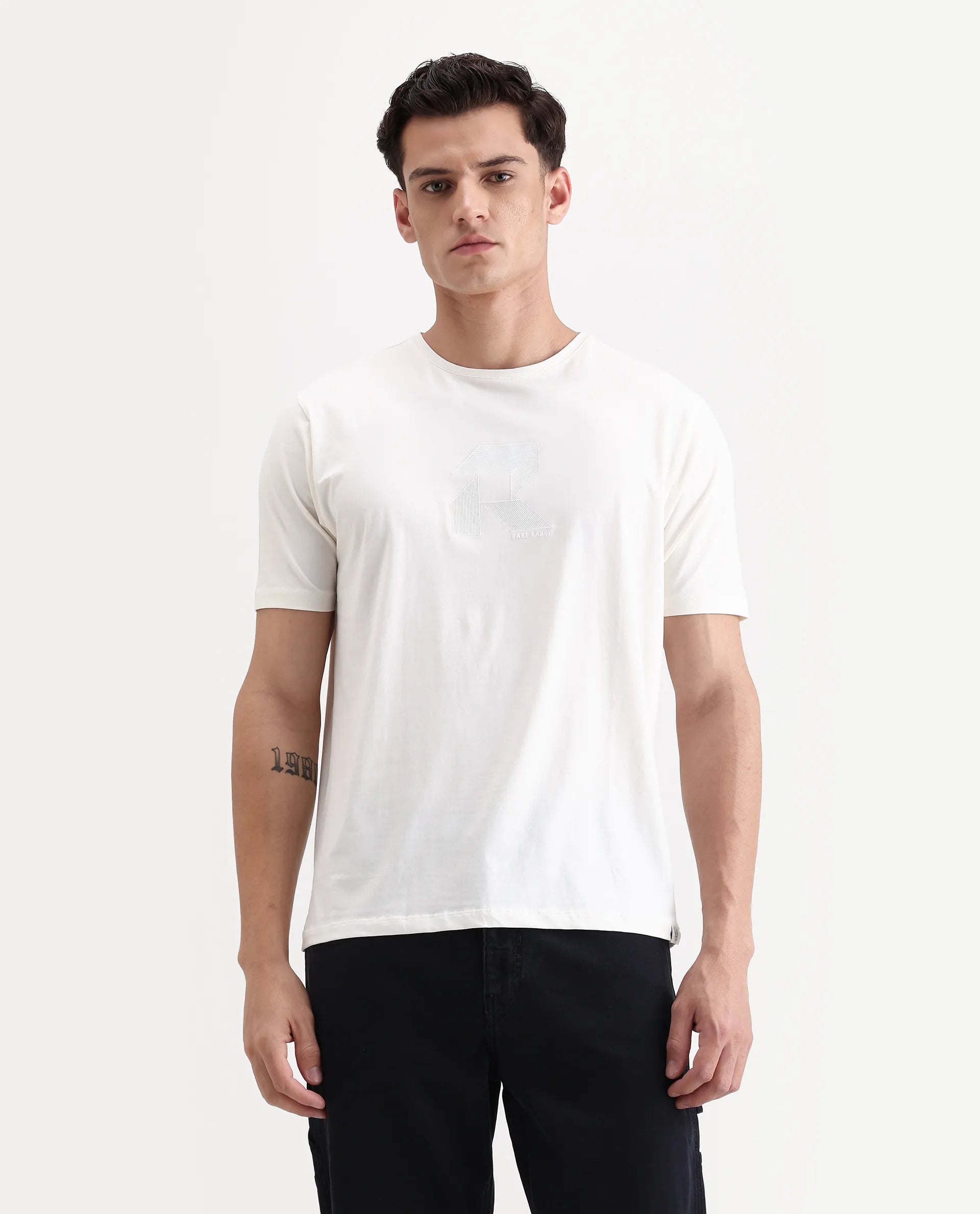 Rare Rabbit Men's Tibo Off White Cotton Blend Graphic Print Regular Fit Half Sleeve Crew Neck T-Shirt