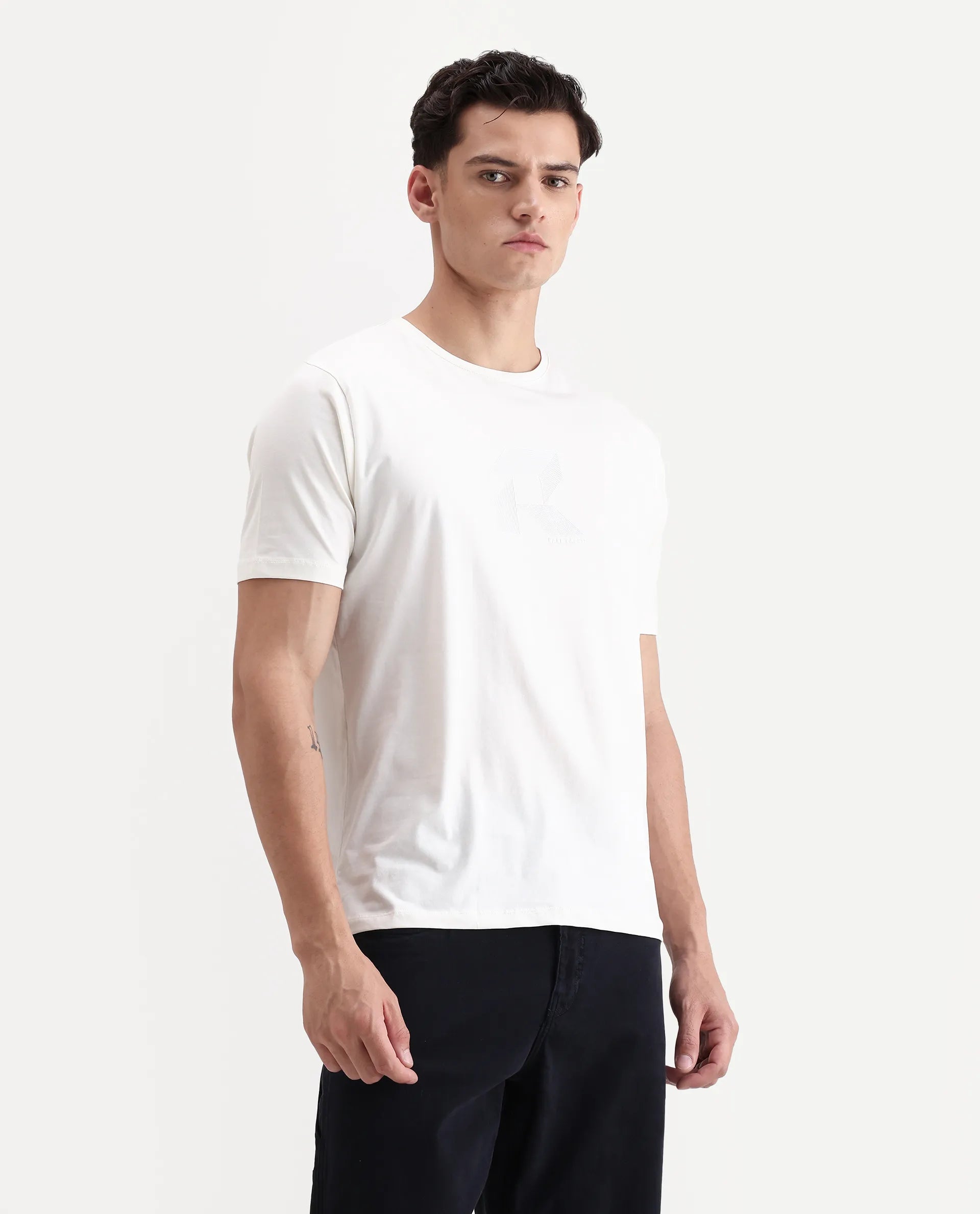 Rare Rabbit Men's Tibo Off White Cotton Blend Graphic Print Regular Fit Half Sleeve Crew Neck T-Shirt
