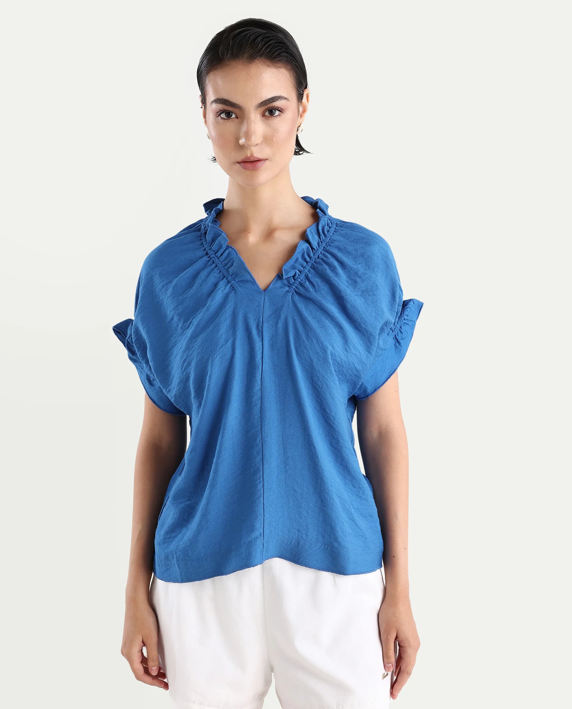 Rareism Women's Tichi Blue Viscose Blend V-Neck Plain Extended Sleeves Regular Fit Top