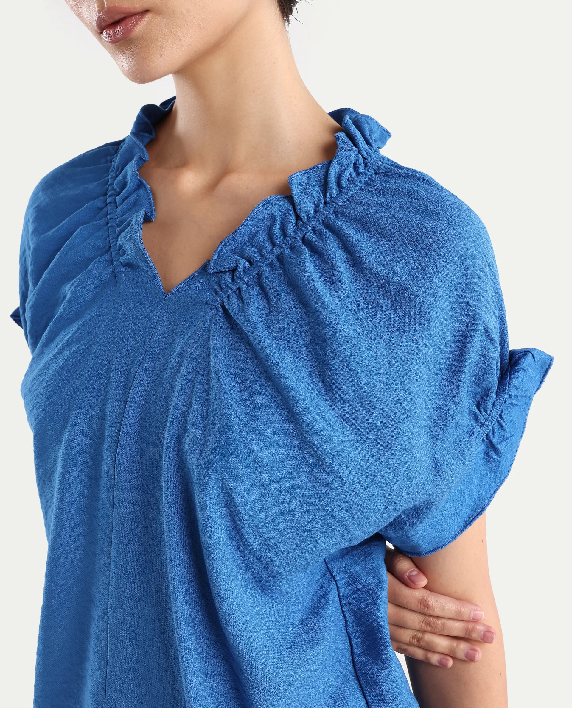 Rareism Women's Tichi Blue Viscose Blend V-Neck Plain Extended Sleeves Regular Fit Top