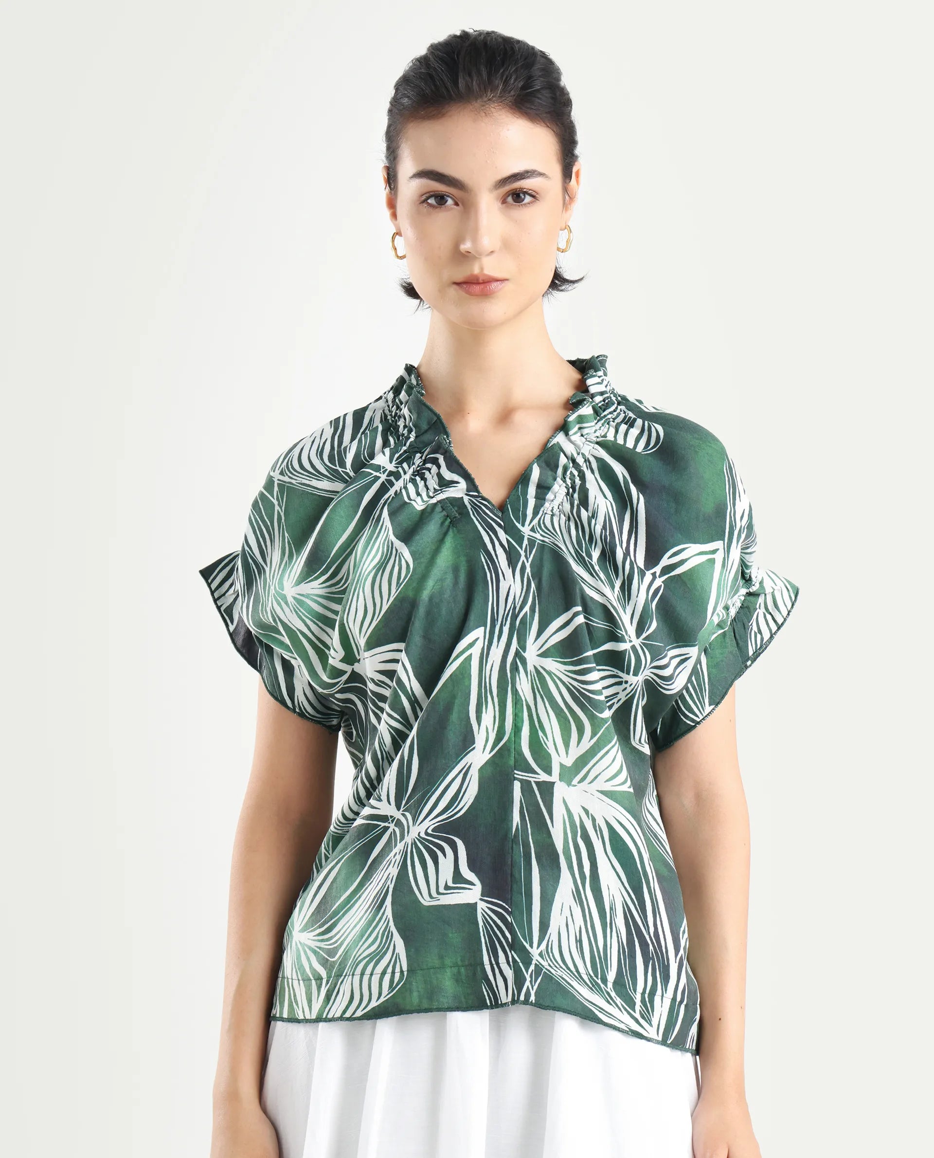 Rareism Women's Tichin Green Viscose Blend V-Neck Abstract Print Extended Sleeves Regular Fit Top