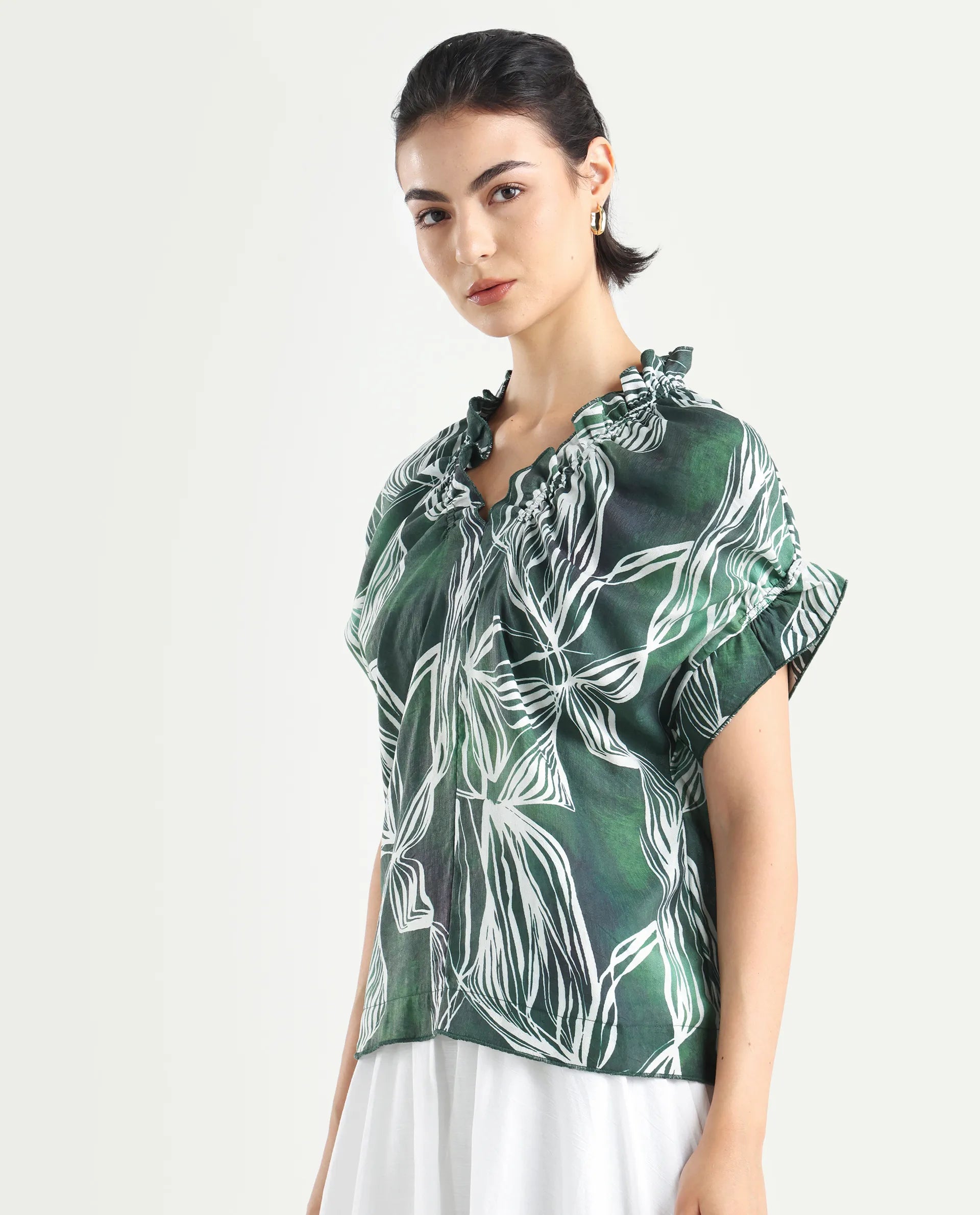 Rareism Women's Tichin Green Viscose Blend V-Neck Abstract Print Extended Sleeves Regular Fit Top