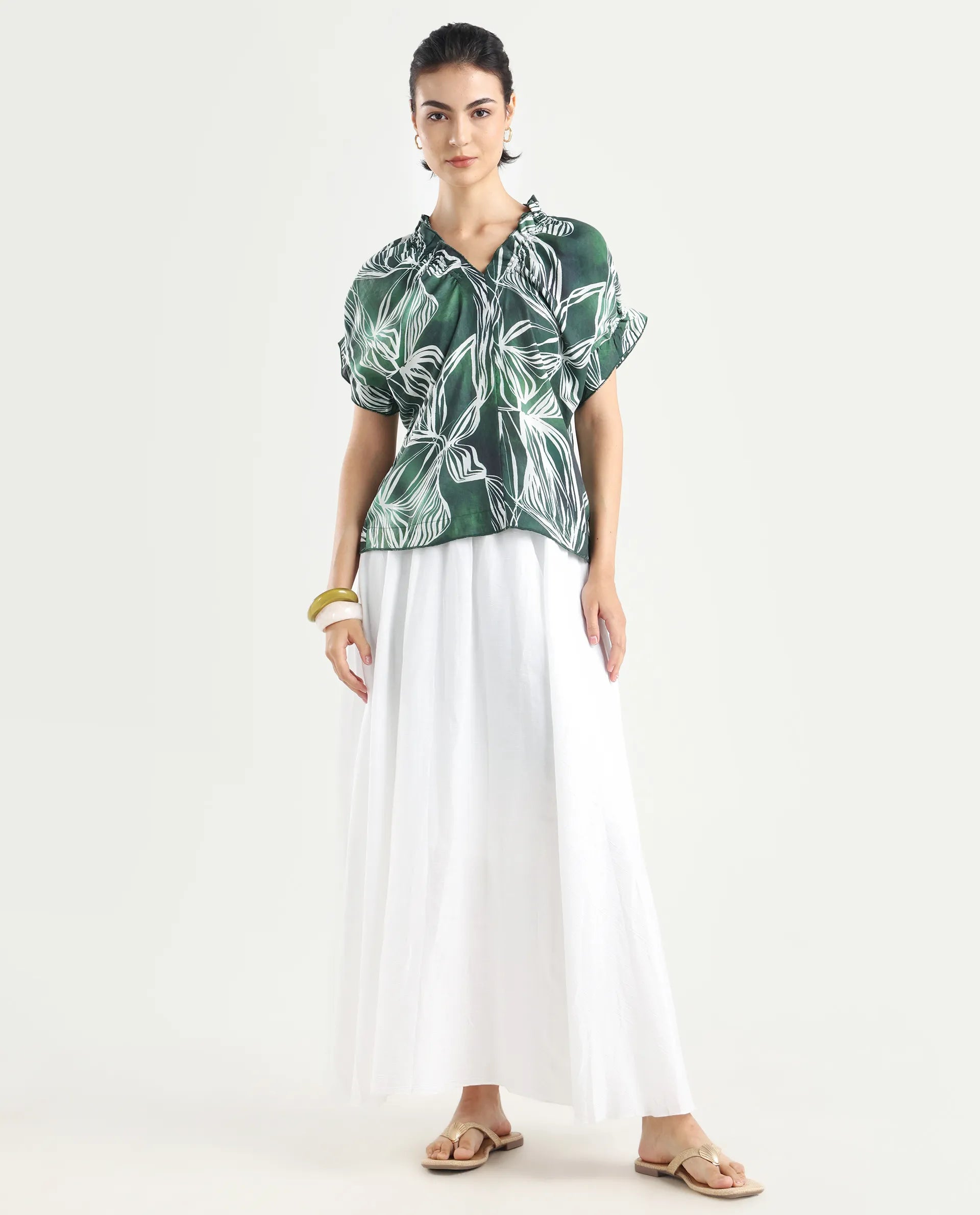 Rareism Women's Tichin Green Viscose Blend V-Neck Abstract Print Extended Sleeves Regular Fit Top