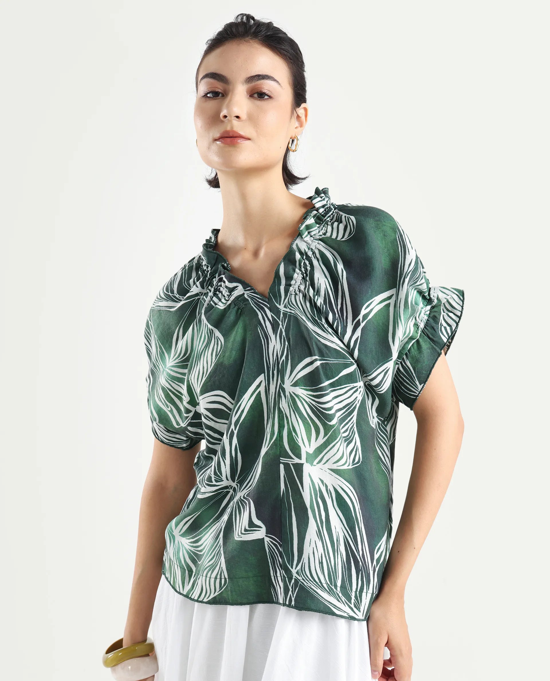 Rareism Women's Tichin Green Viscose Blend V-Neck Abstract Print Extended Sleeves Regular Fit Top