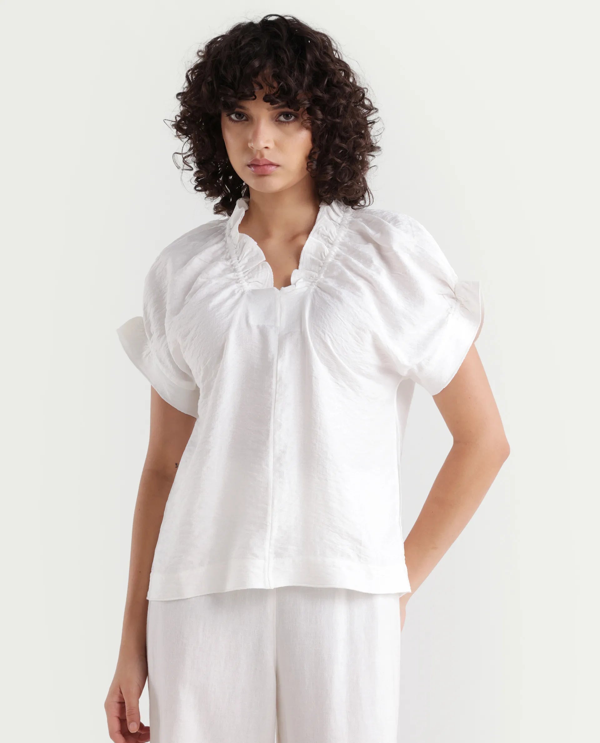 Rareism Women's Tichi White Viscose Blend V-Neck Plain Extended Sleeves Regular Fit Top