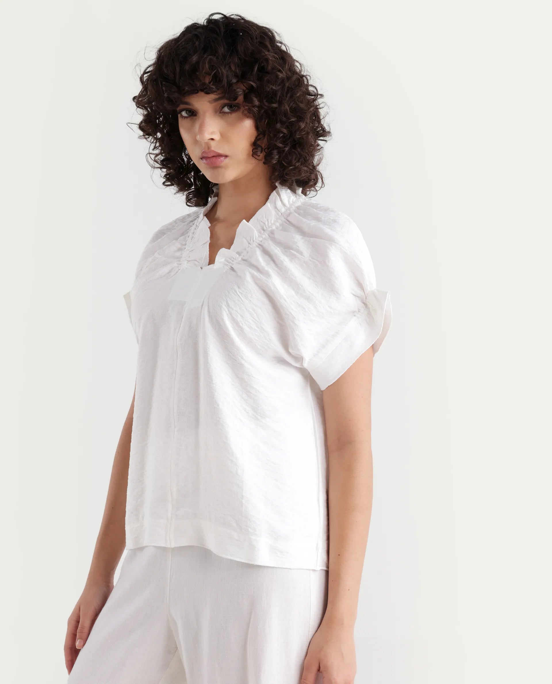 Rareism Women's Tichi White Viscose Blend V-Neck Plain Extended Sleeves Regular Fit Top