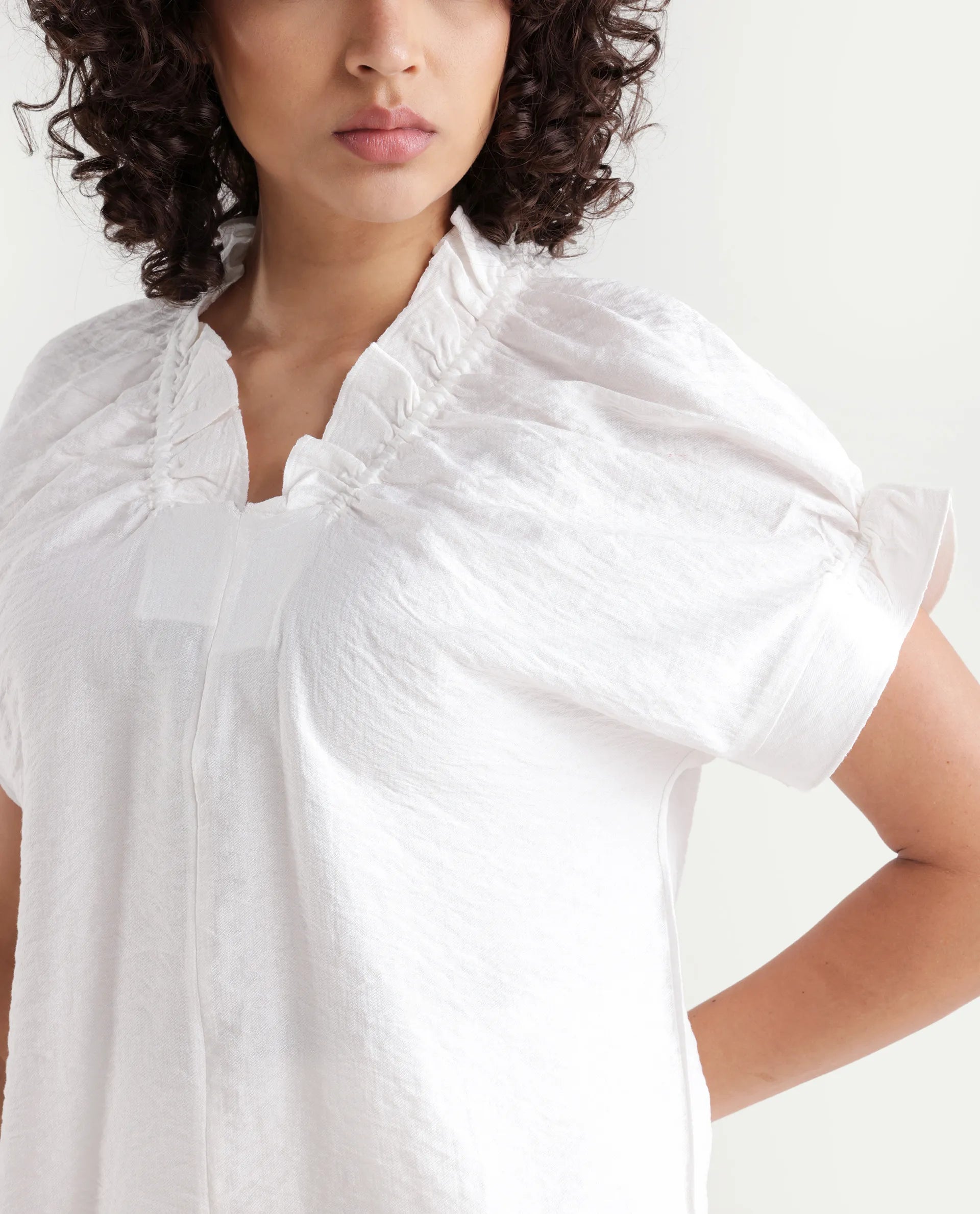 Rareism Women's Tichi White Viscose Blend V-Neck Plain Extended Sleeves Regular Fit Top