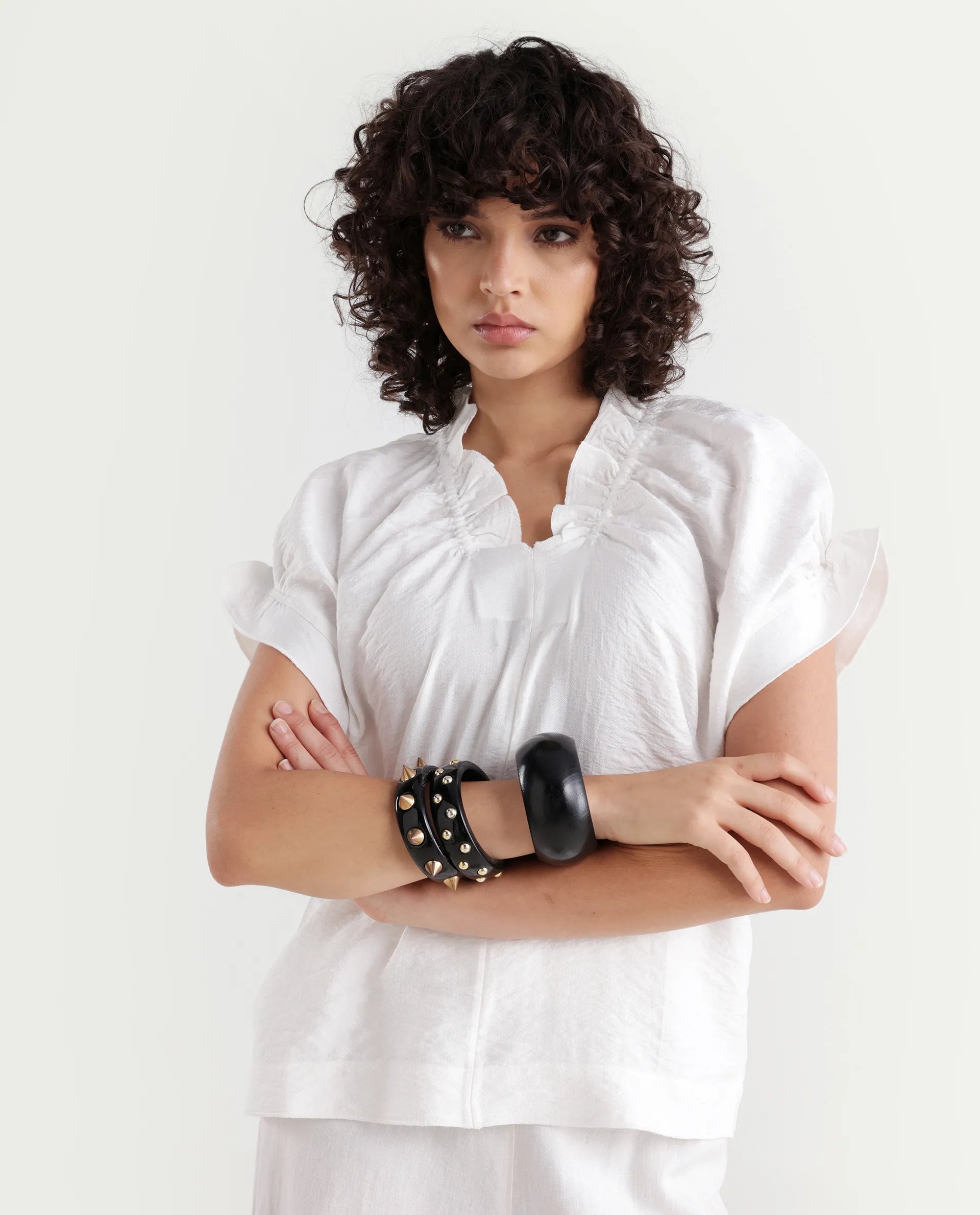 Rareism Women's Tichi White Viscose Blend V-Neck Plain Extended Sleeves Regular Fit Top