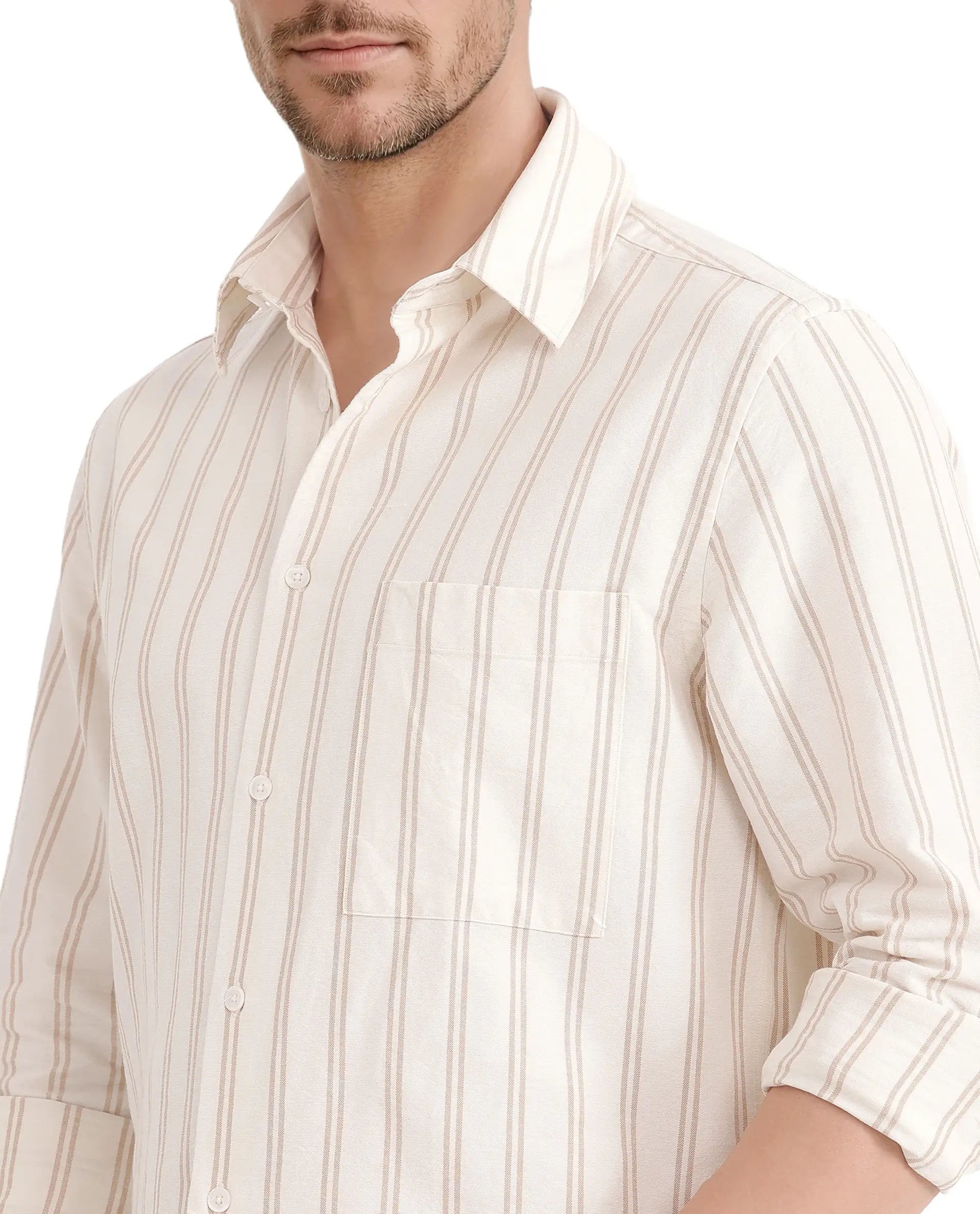 Rare Rabbit Men's Tickob Beige Cotton Fabric Full Sleeve Regular Collared Stripe Print Shirt