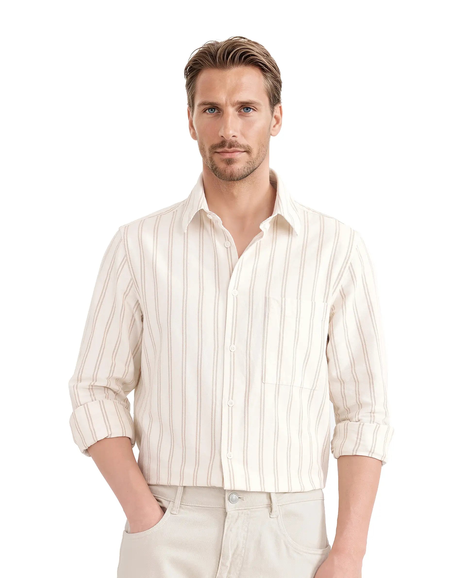 Rare Rabbit Men's Tickob Beige Cotton Fabric Full Sleeve Regular Collared Stripe Print Shirt