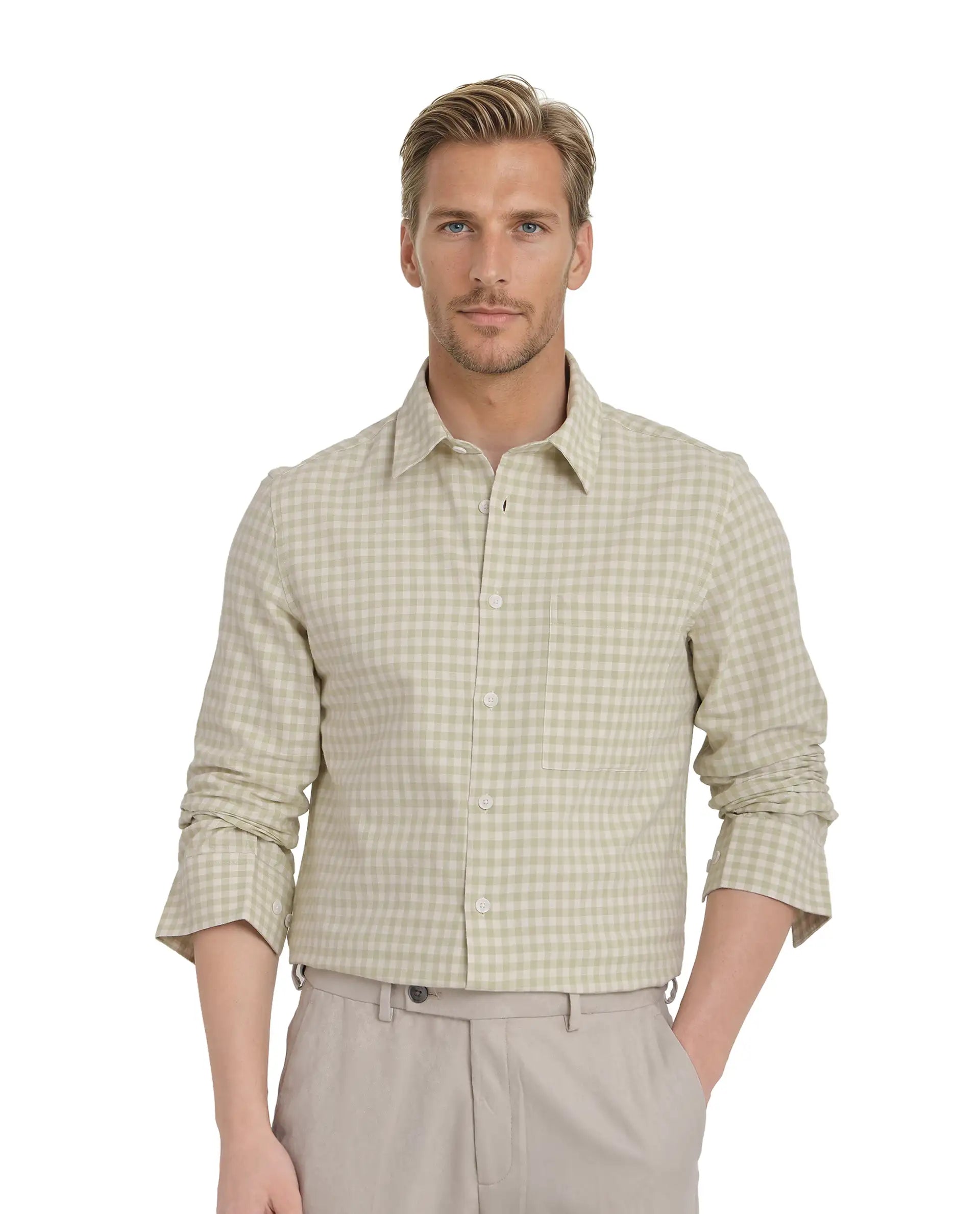 Rare Rabbit Men's Tickog Pastel Green Cotton Fabric Full Sleeve Regular Collared Button Closure Gingham Check Print Shirt