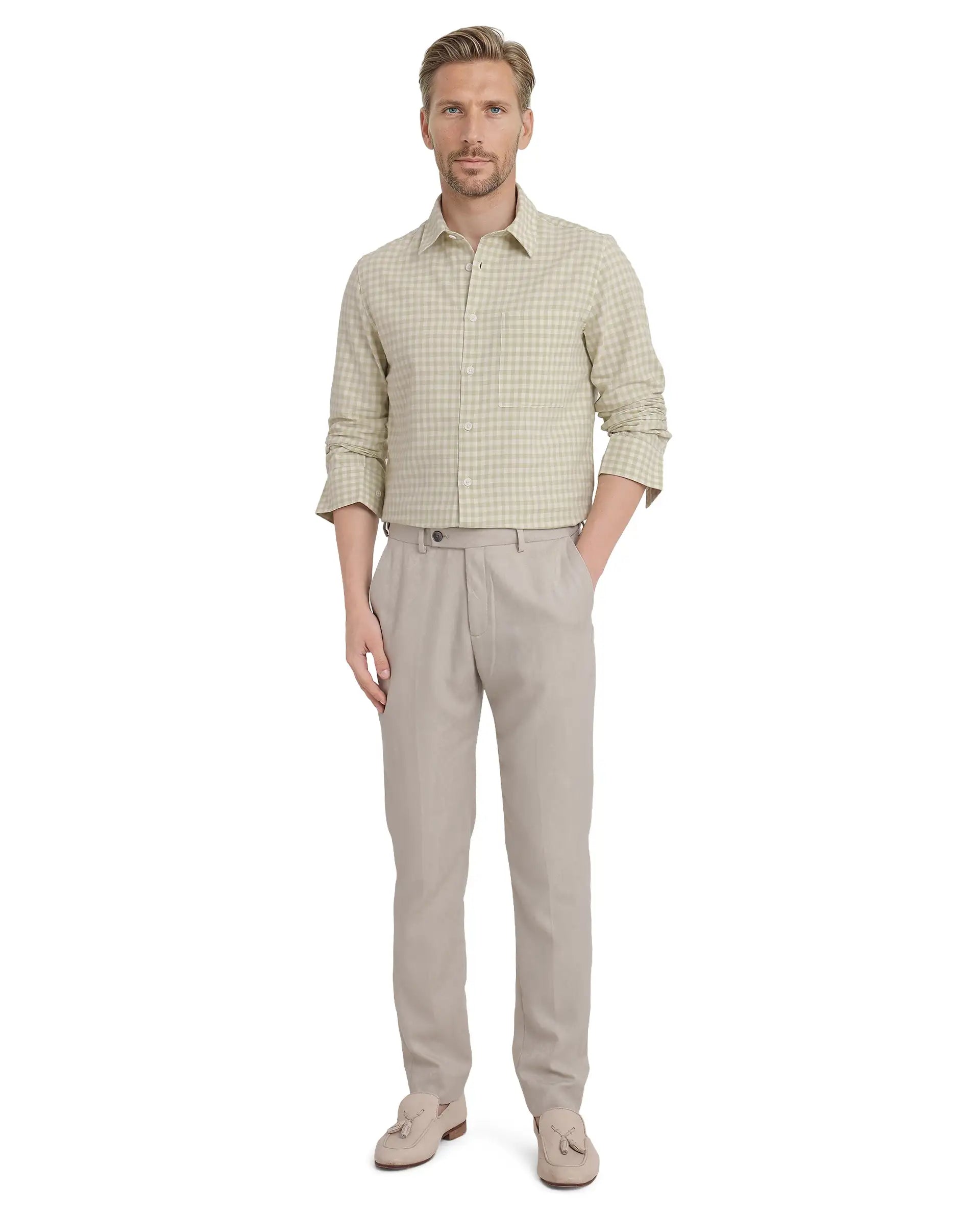 Rare Rabbit Men's Tickog Pastel Green Cotton Fabric Full Sleeve Regular Collared Button Closure Gingham Check Print Shirt