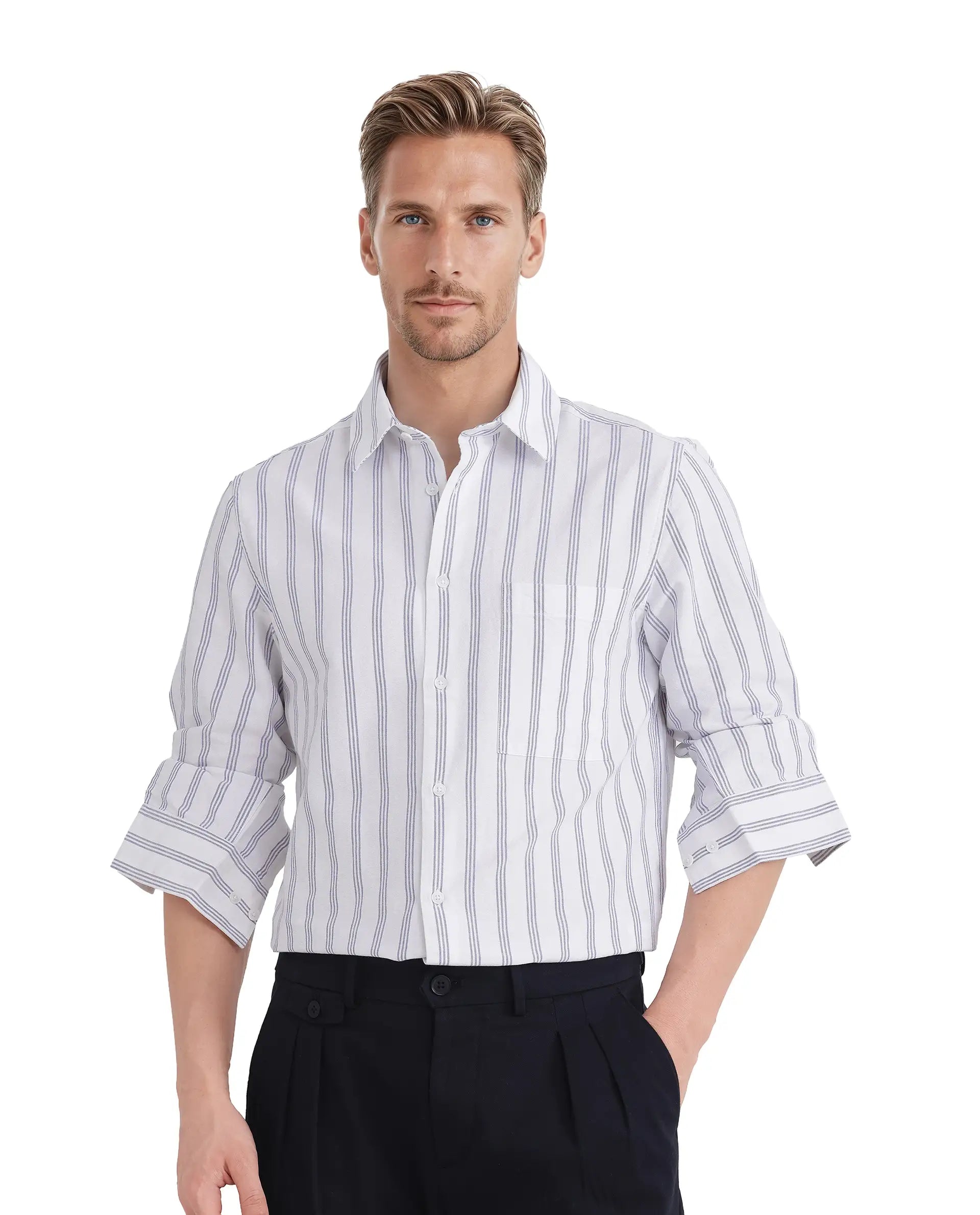 Rare Rabbit Men's Tickol White Cotton Fabric Full Sleeve Stripe Printed Shirt