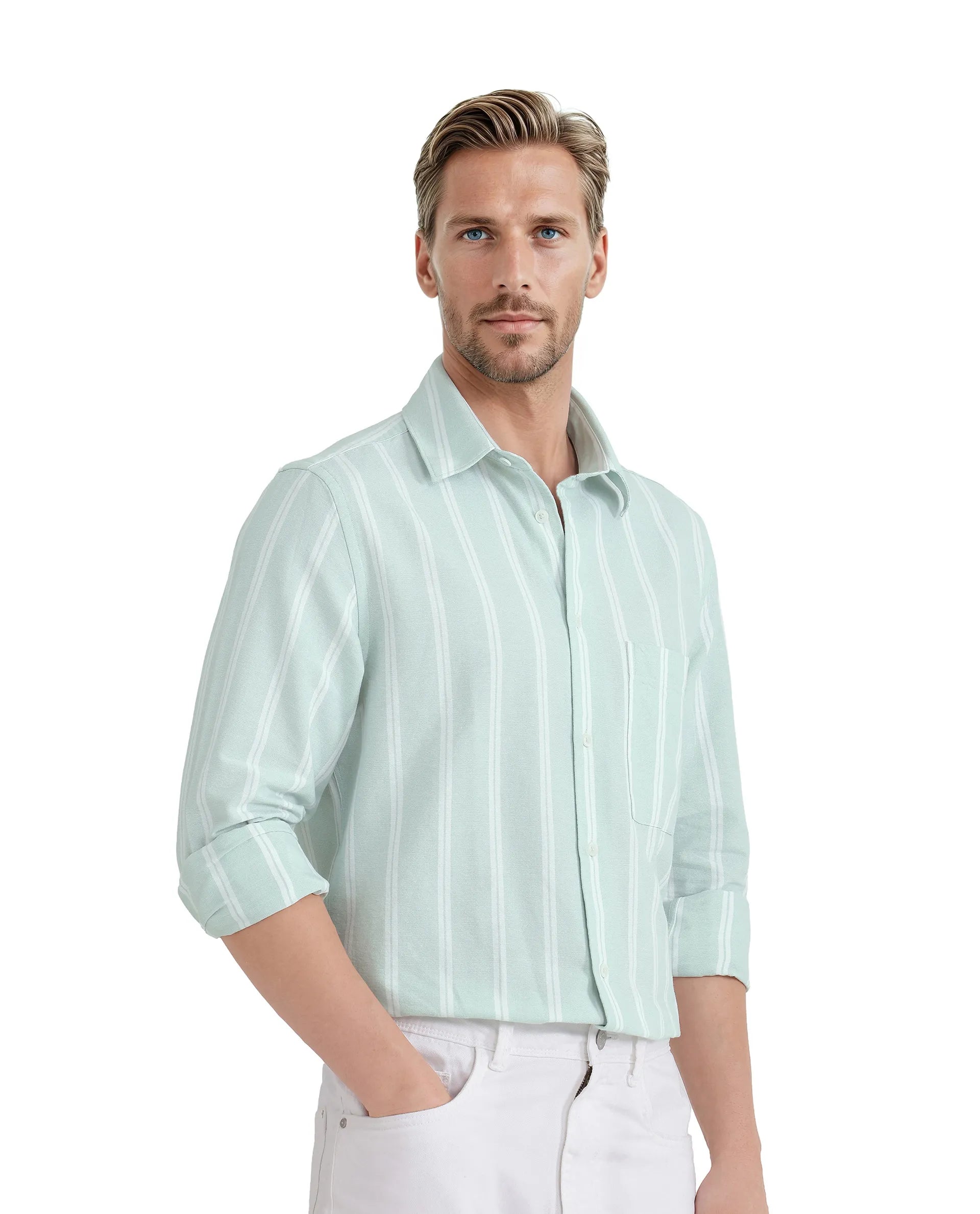 Rare Rabbit Men's Ticko Pastel Green Cotton Fabric Full Sleeve Regular Collared Button Closure Striped Shirt