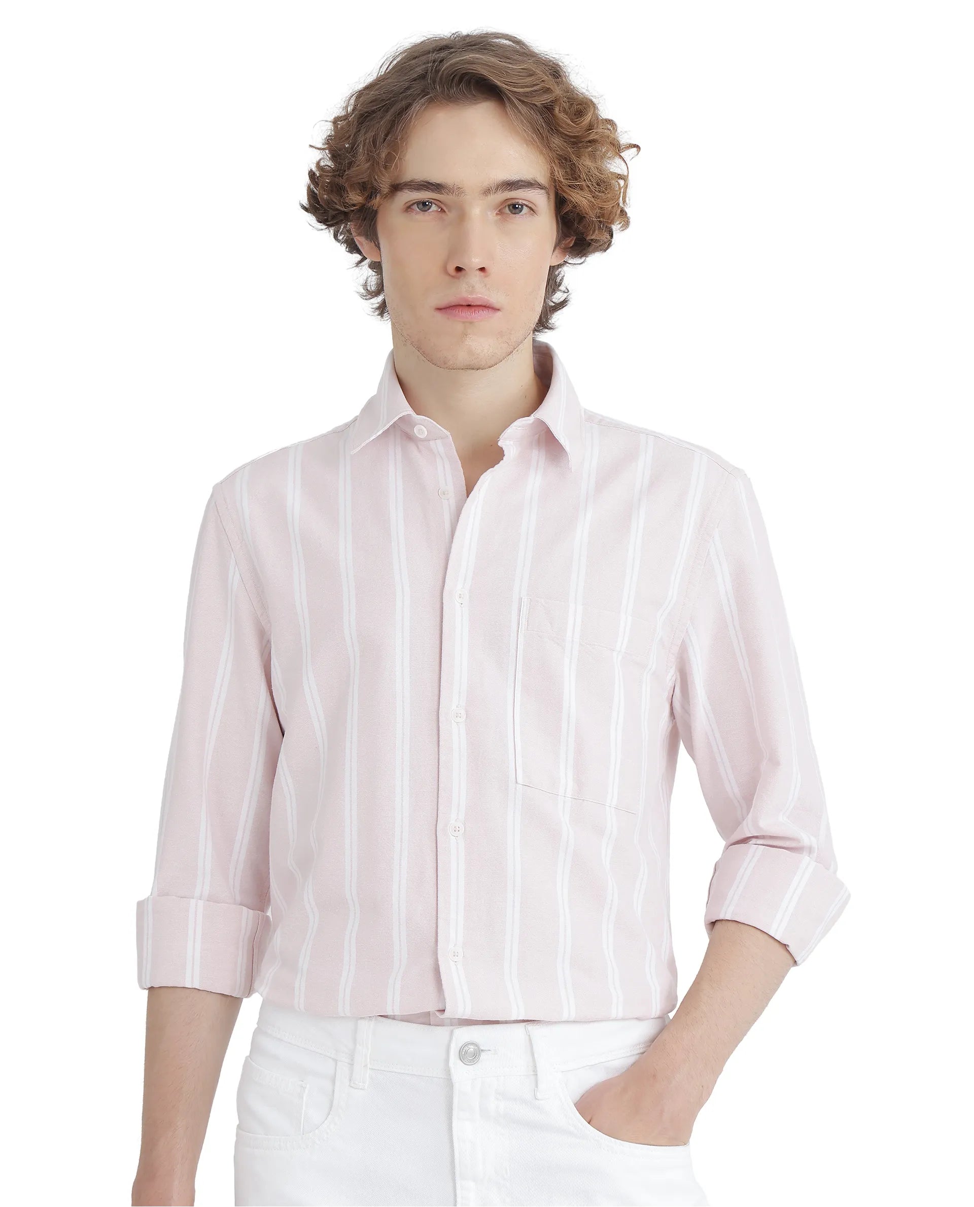 Rare Rabbit Men's Tickop Light Pink Cotton Fabric Full Sleeve Regular Fit Stripe Printed Shirt