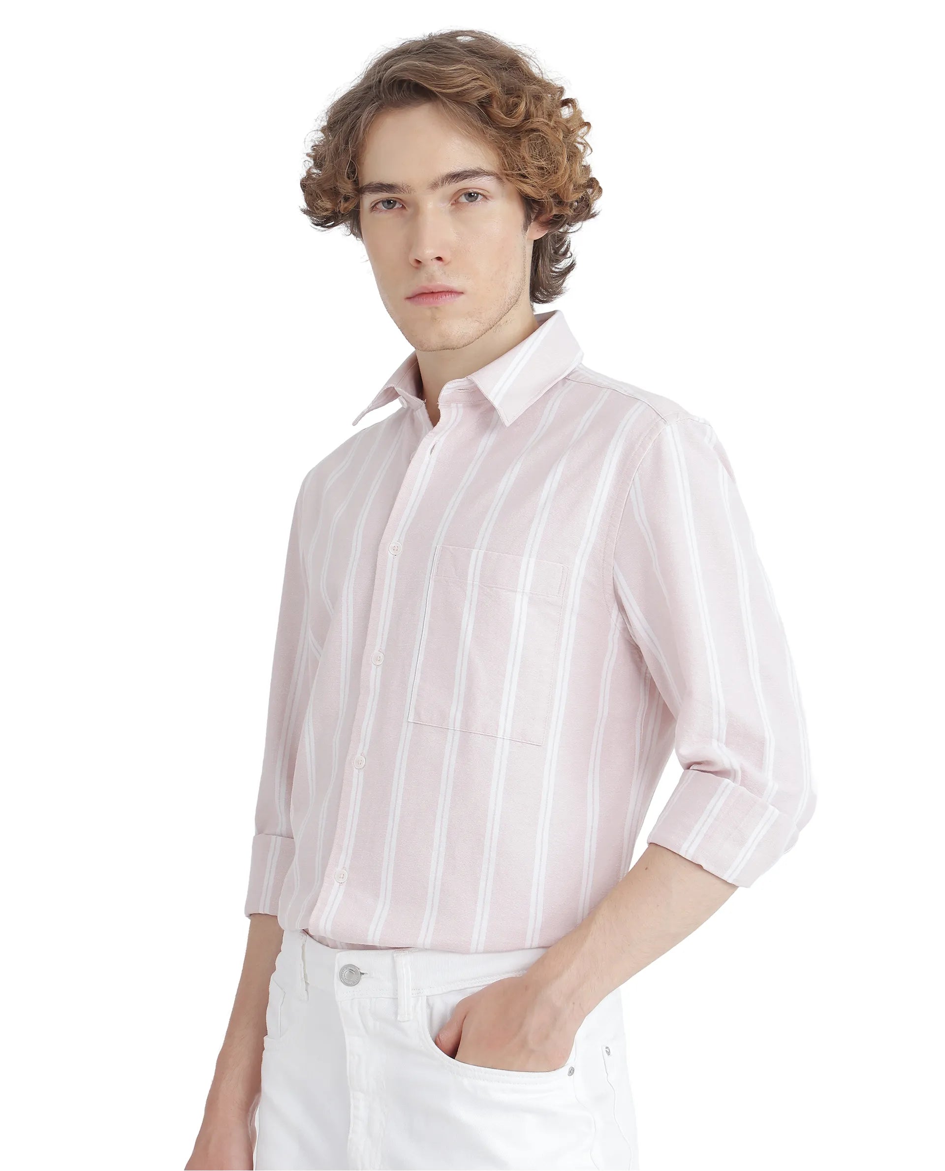 Rare Rabbit Men's Tickop Light Pink Cotton Fabric Full Sleeve Regular Fit Stripe Printed Shirt