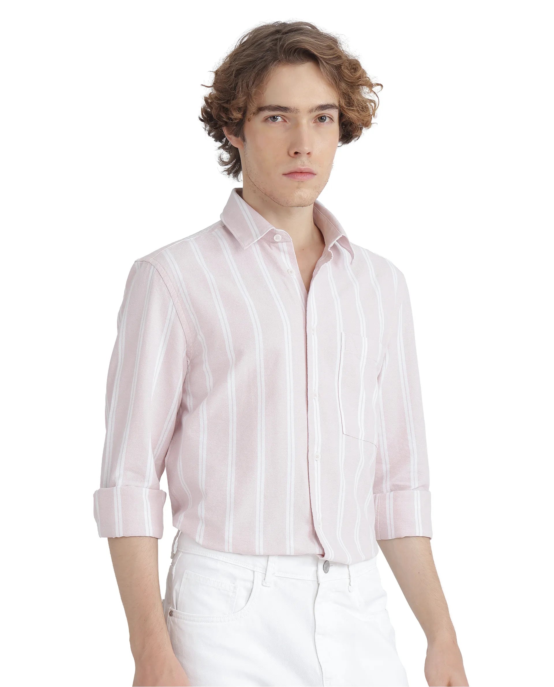 Rare Rabbit Men's Tickop Light Pink Cotton Fabric Full Sleeve Regular Fit Stripe Printed Shirt