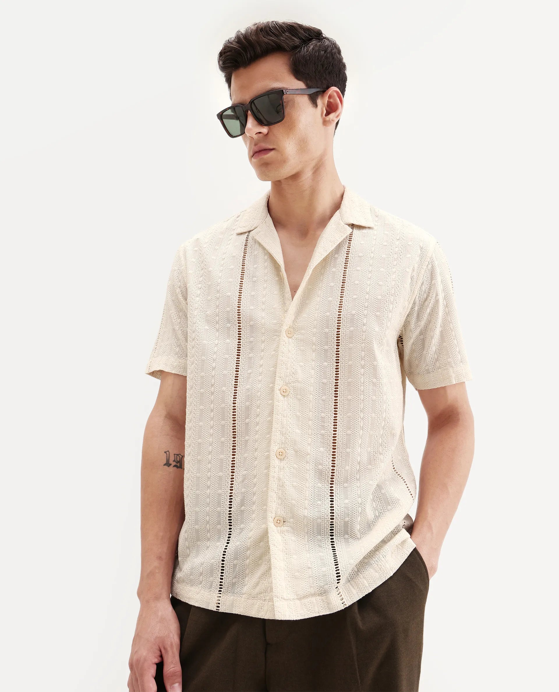 Rare Rabbit Men's Tiffy Off White Cotton Embroidered Boxy Fit Half Sleeve Cuban Collar Shirt