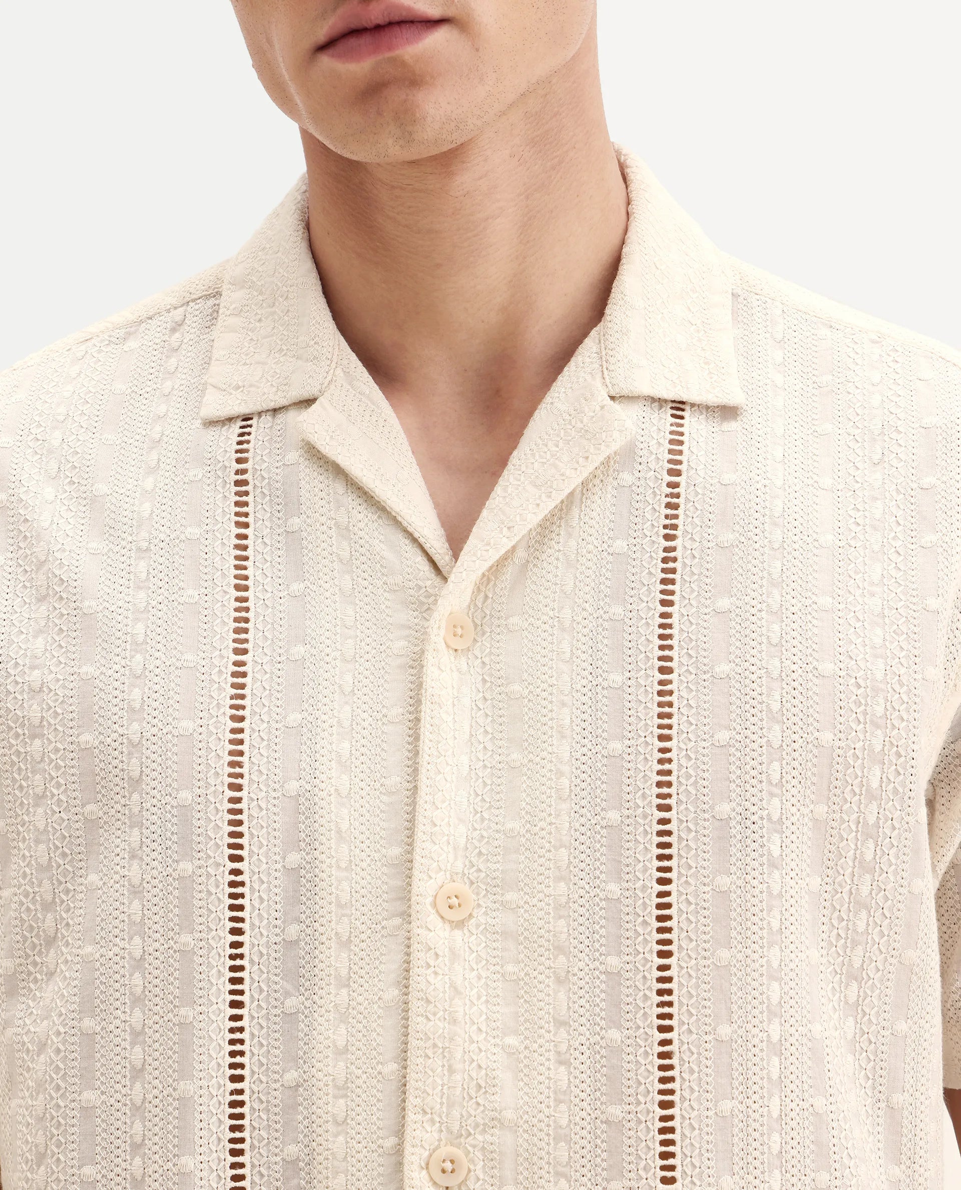 Rare Rabbit Men's Tiffy Off White Cotton Embroidered Boxy Fit Half Sleeve Cuban Collar Shirt