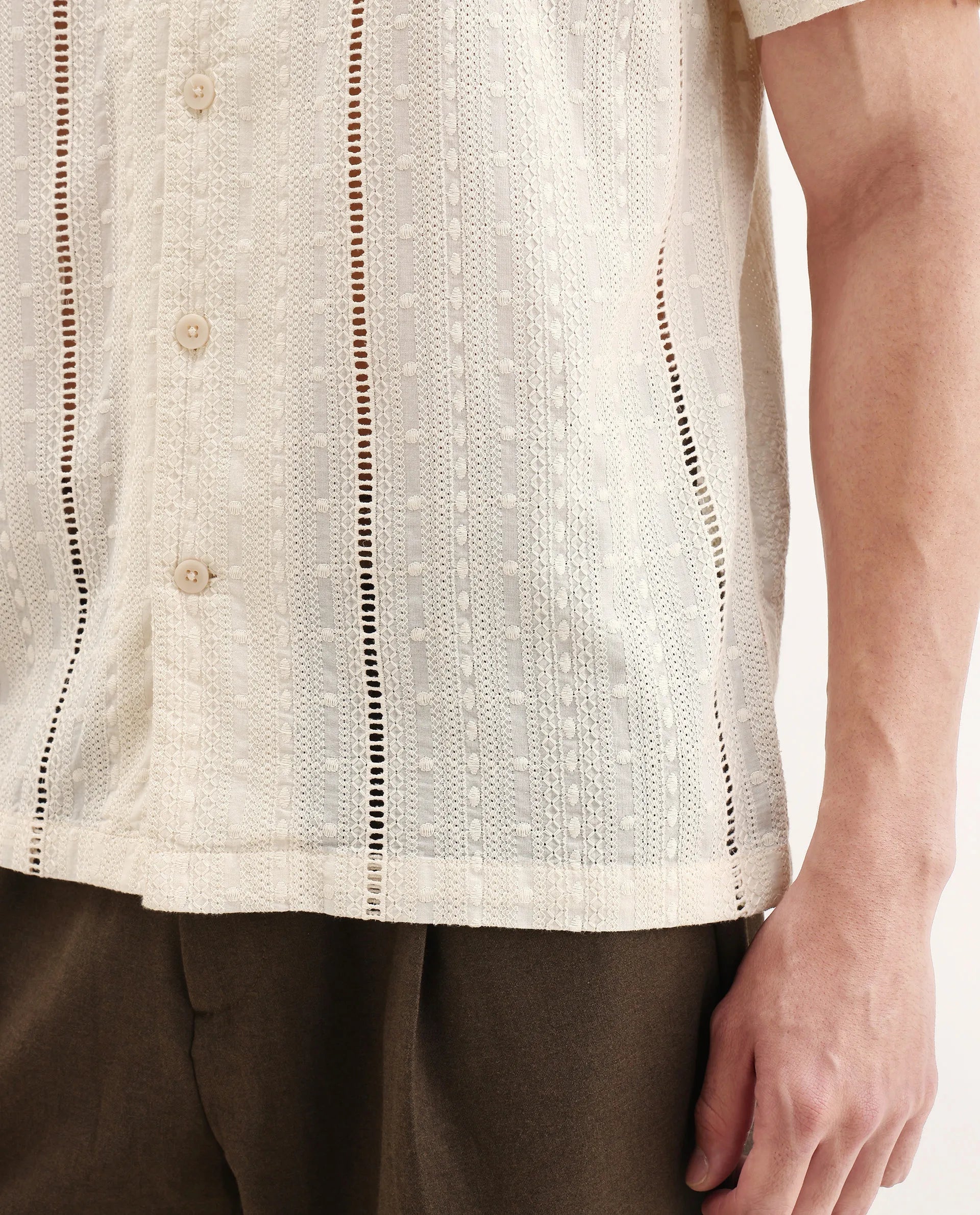 Rare Rabbit Men's Tiffy Off White Cotton Embroidered Boxy Fit Half Sleeve Cuban Collar Shirt