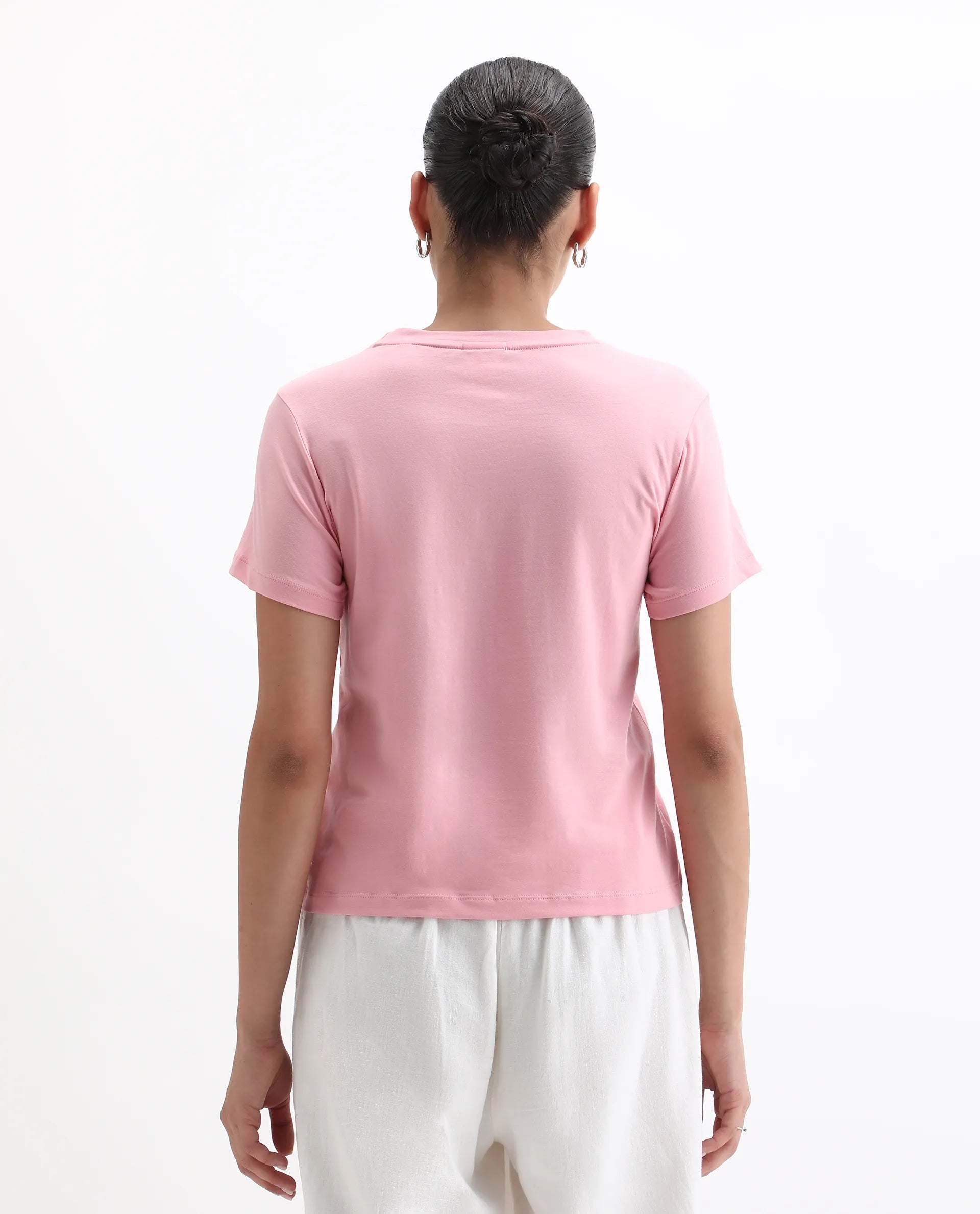 Rareism Women's Tigo Light Pink Cotton Blend Crew Neck Graphic Print Regular Fit T-Shirt