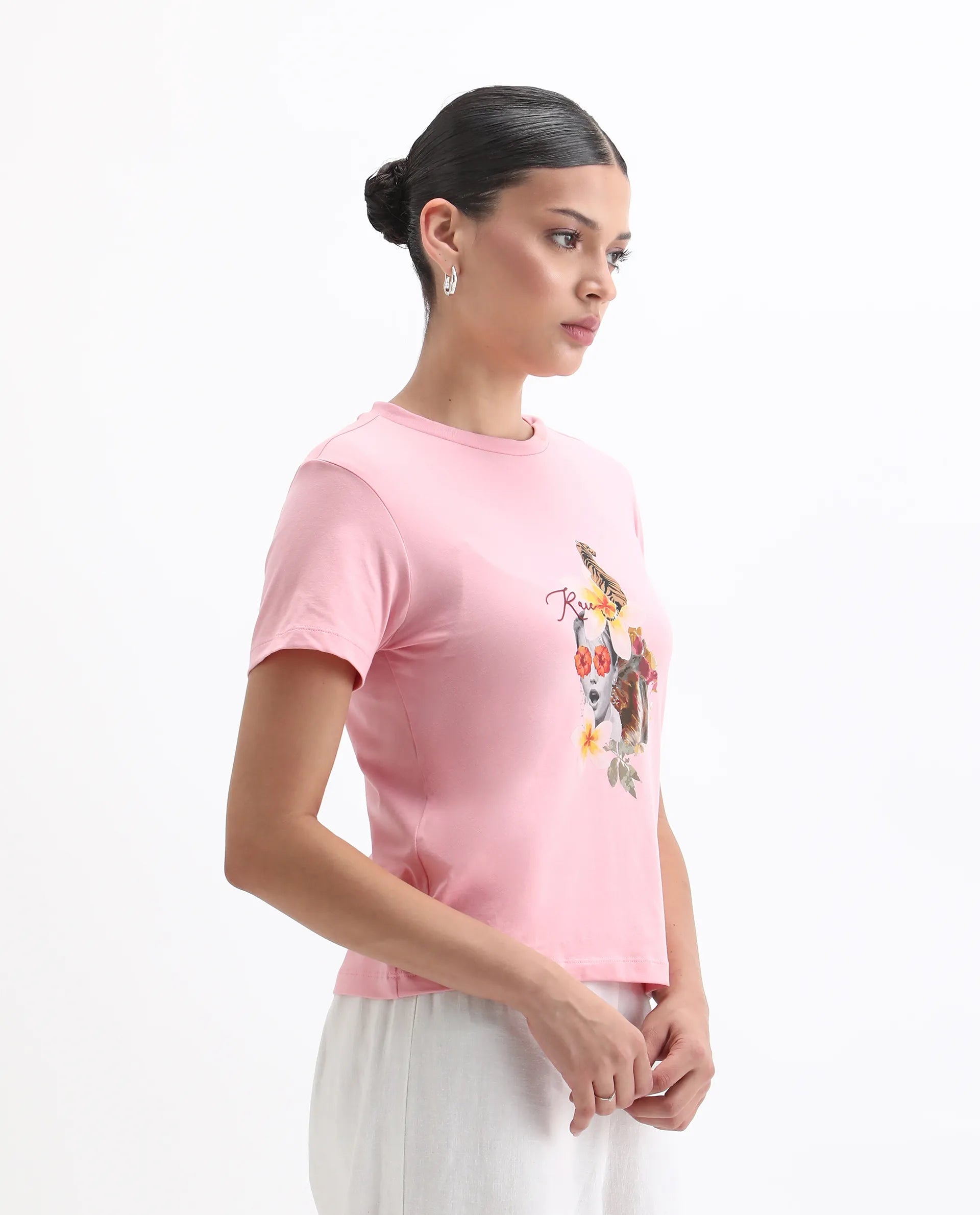 Rareism Women's Tigo Light Pink Cotton Blend Crew Neck Graphic Print Regular Fit T-Shirt