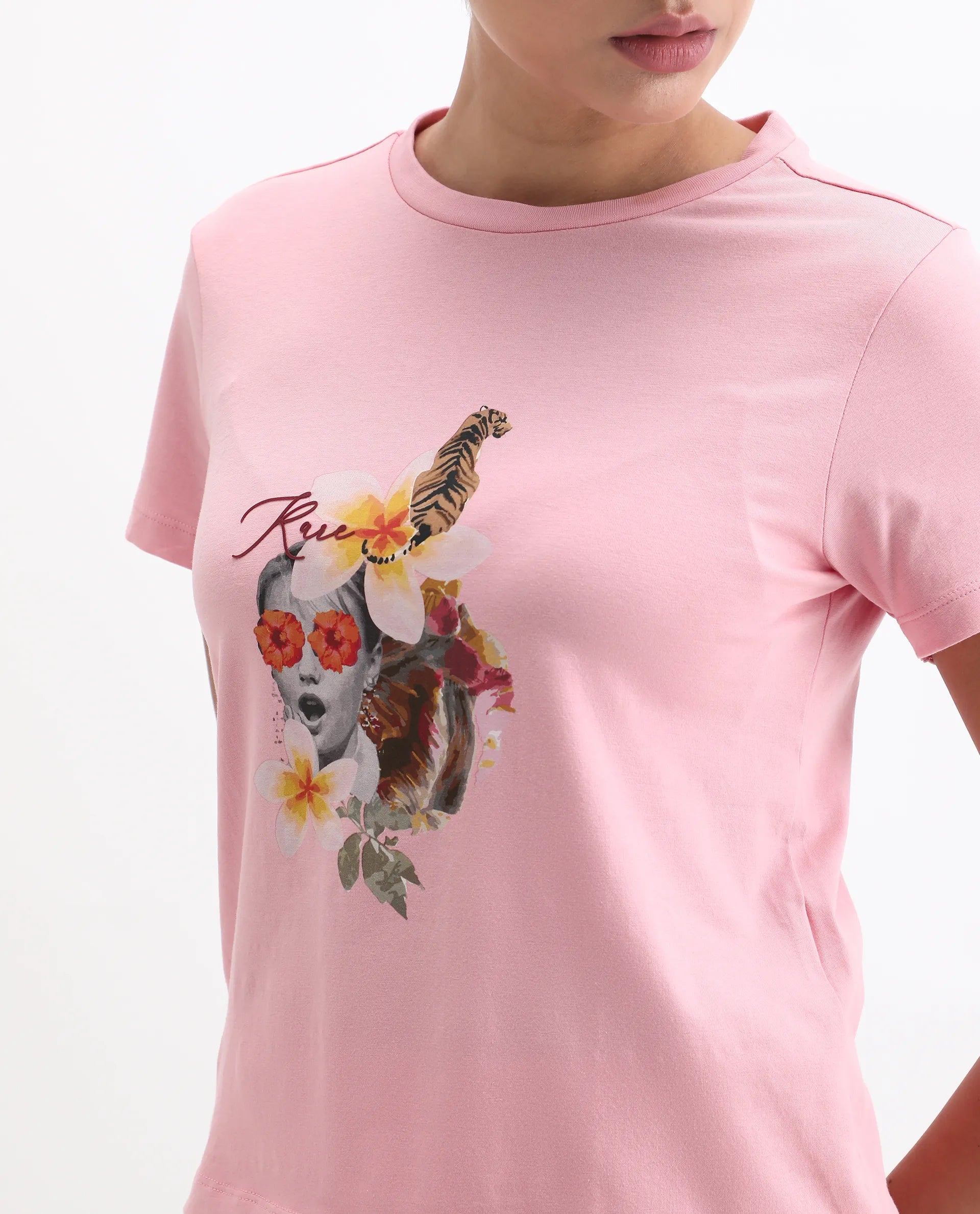 Rareism Women's Tigo Light Pink Cotton Blend Crew Neck Graphic Print Regular Fit T-Shirt