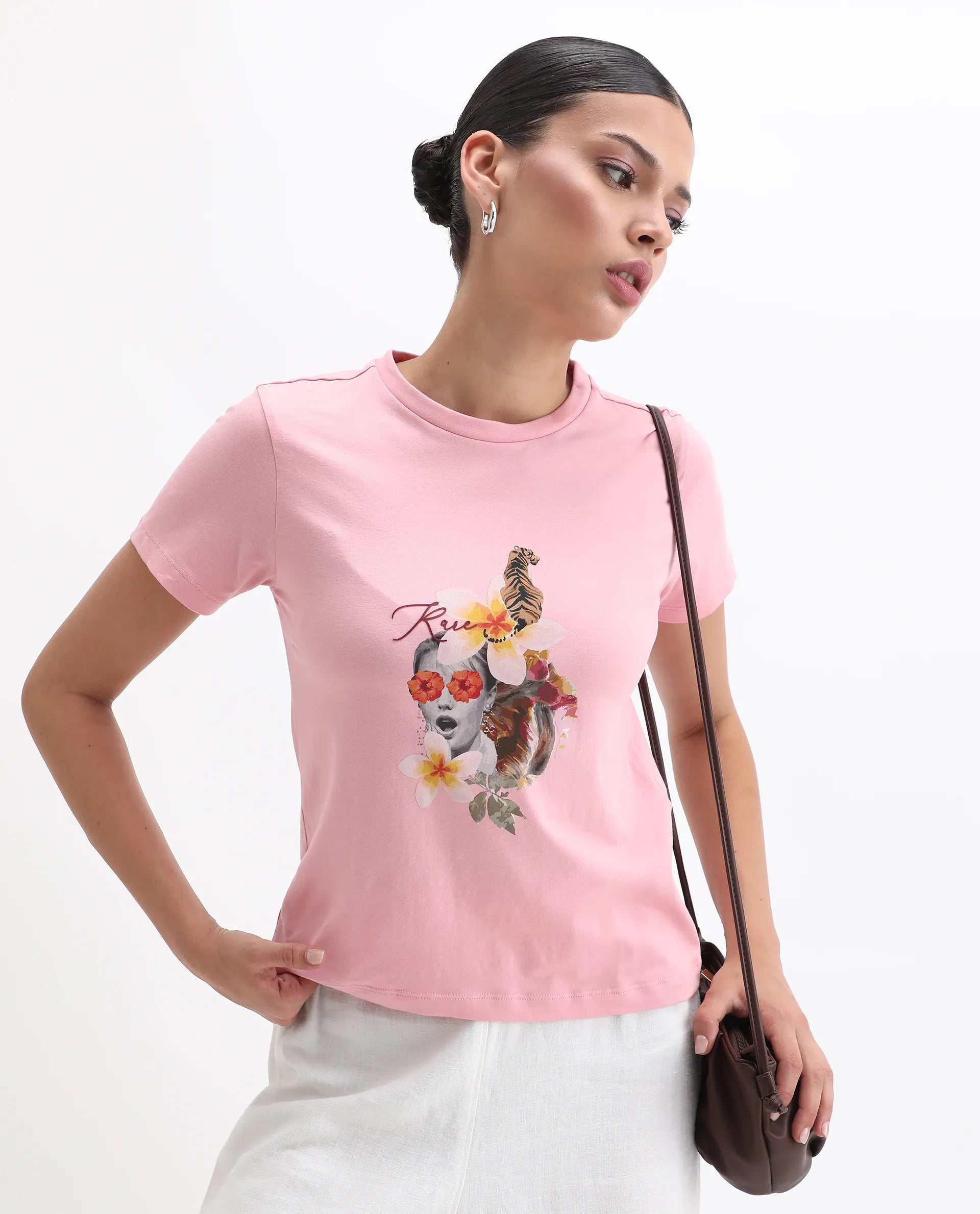 Rareism Women's Tigo Light Pink Cotton Blend Crew Neck Graphic Print Regular Fit T-Shirt