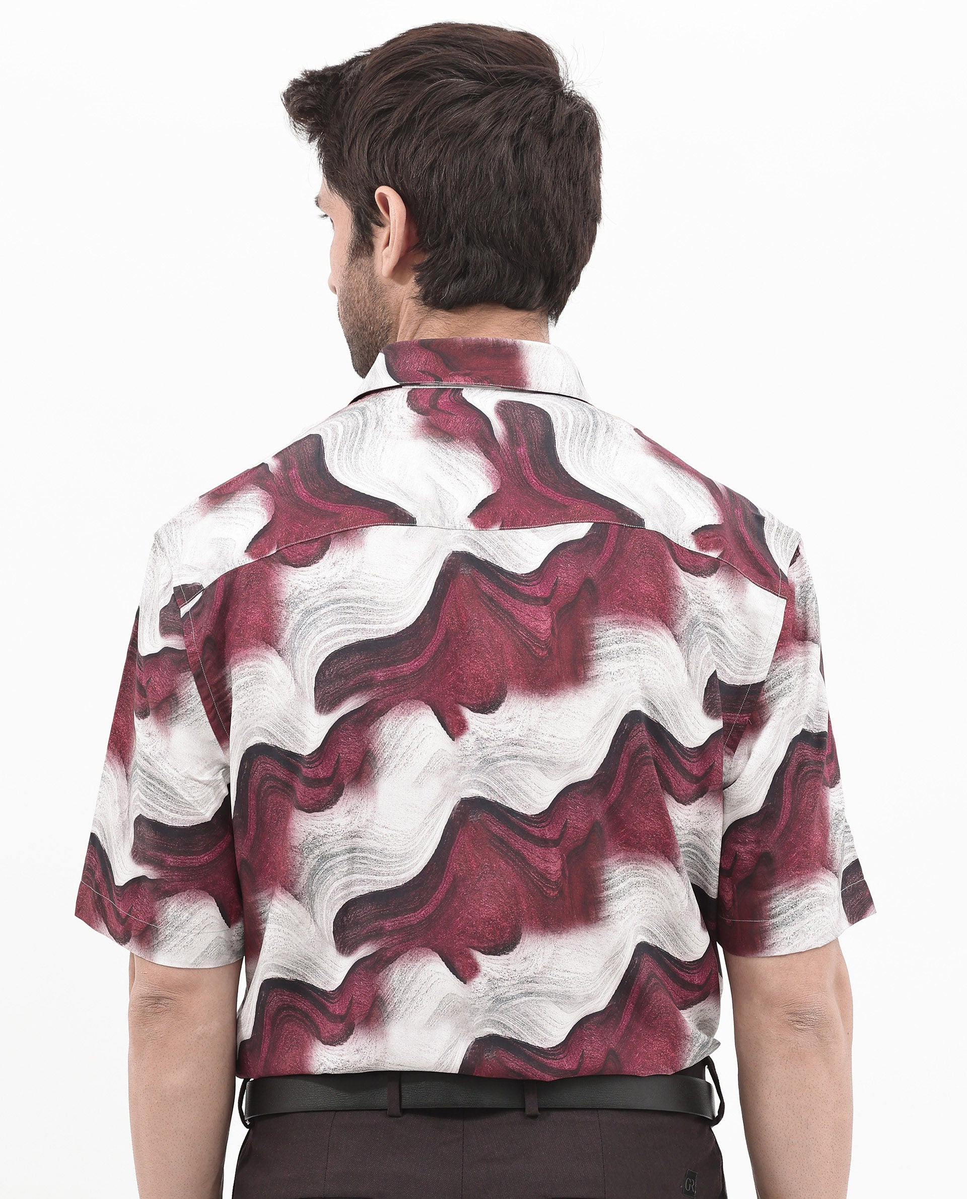 Rare Rabbit Men's Tijon Dark Red Viscose Fabric Short Sleeve Regular Fit Abstract Print Shirt