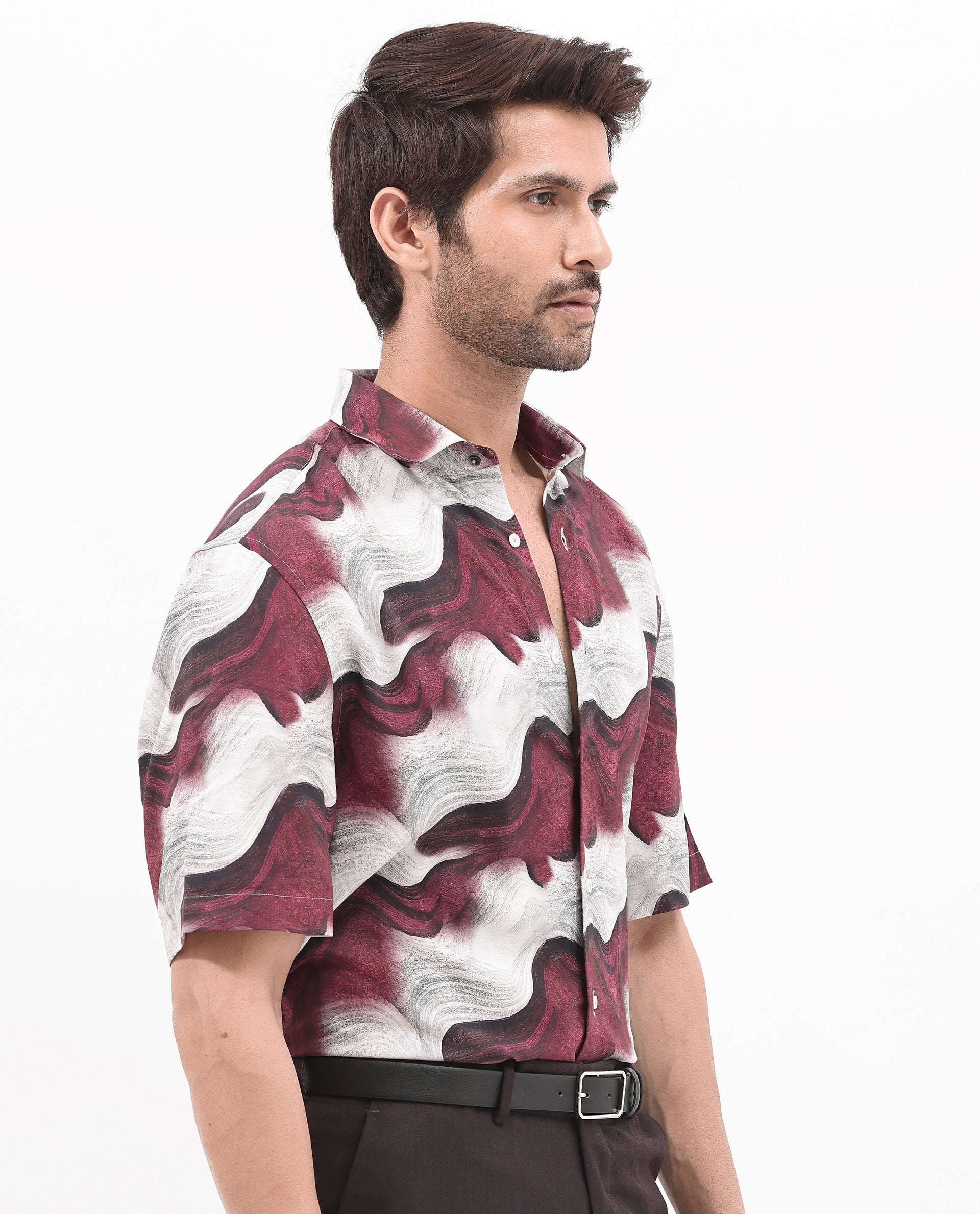 Rare Rabbit Men's Tijon Dark Red Viscose Fabric Short Sleeve Regular Fit Abstract Print Shirt