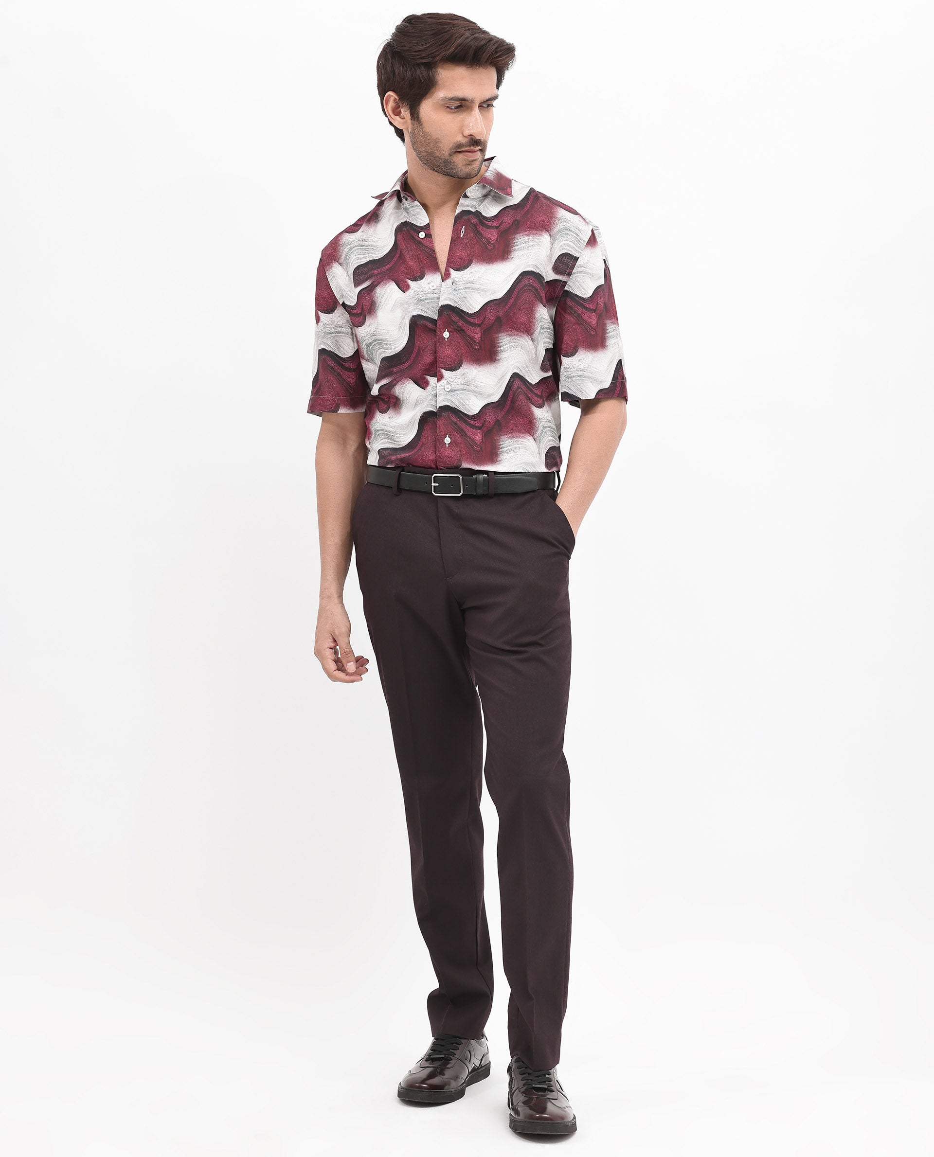 Rare Rabbit Men's Tijon Dark Red Viscose Fabric Short Sleeve Regular Fit Abstract Print Shirt