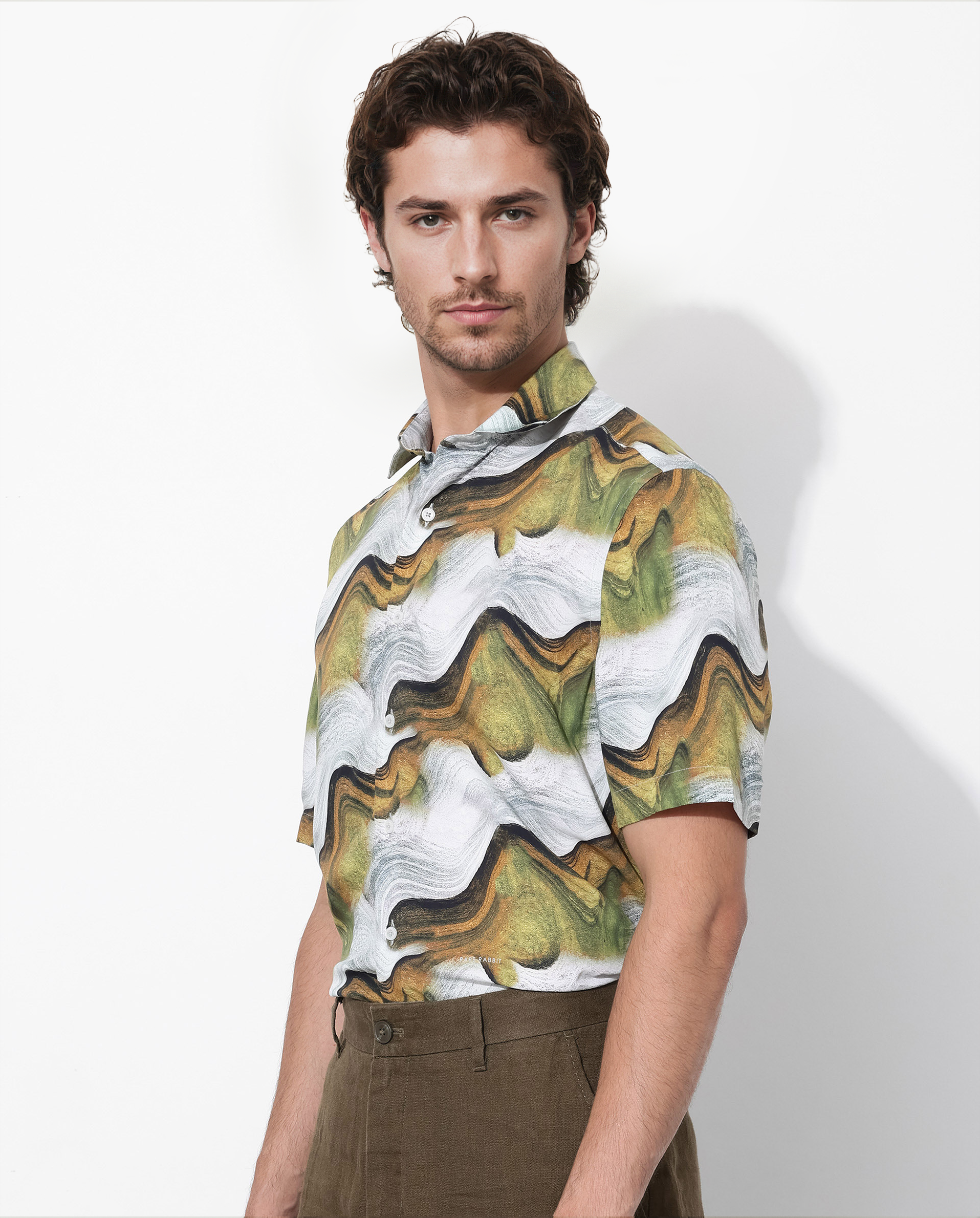 Rare Rabbit Men's Tijon Olive Viscose Fabric Short Sleeve Regular Fit Abstract Print Shirt