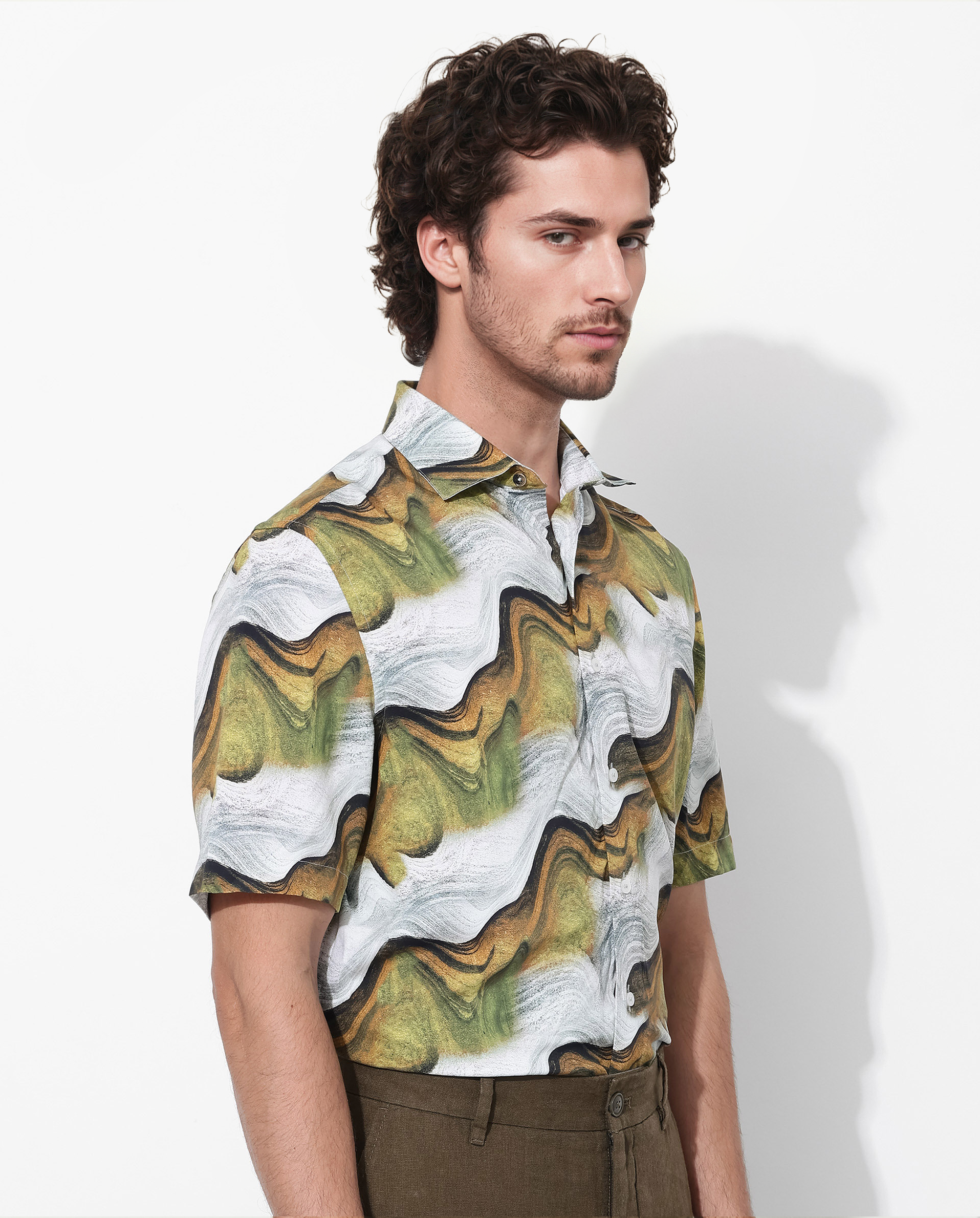 Rare Rabbit Men's Tijon Olive Viscose Fabric Short Sleeve Regular Fit Abstract Print Shirt