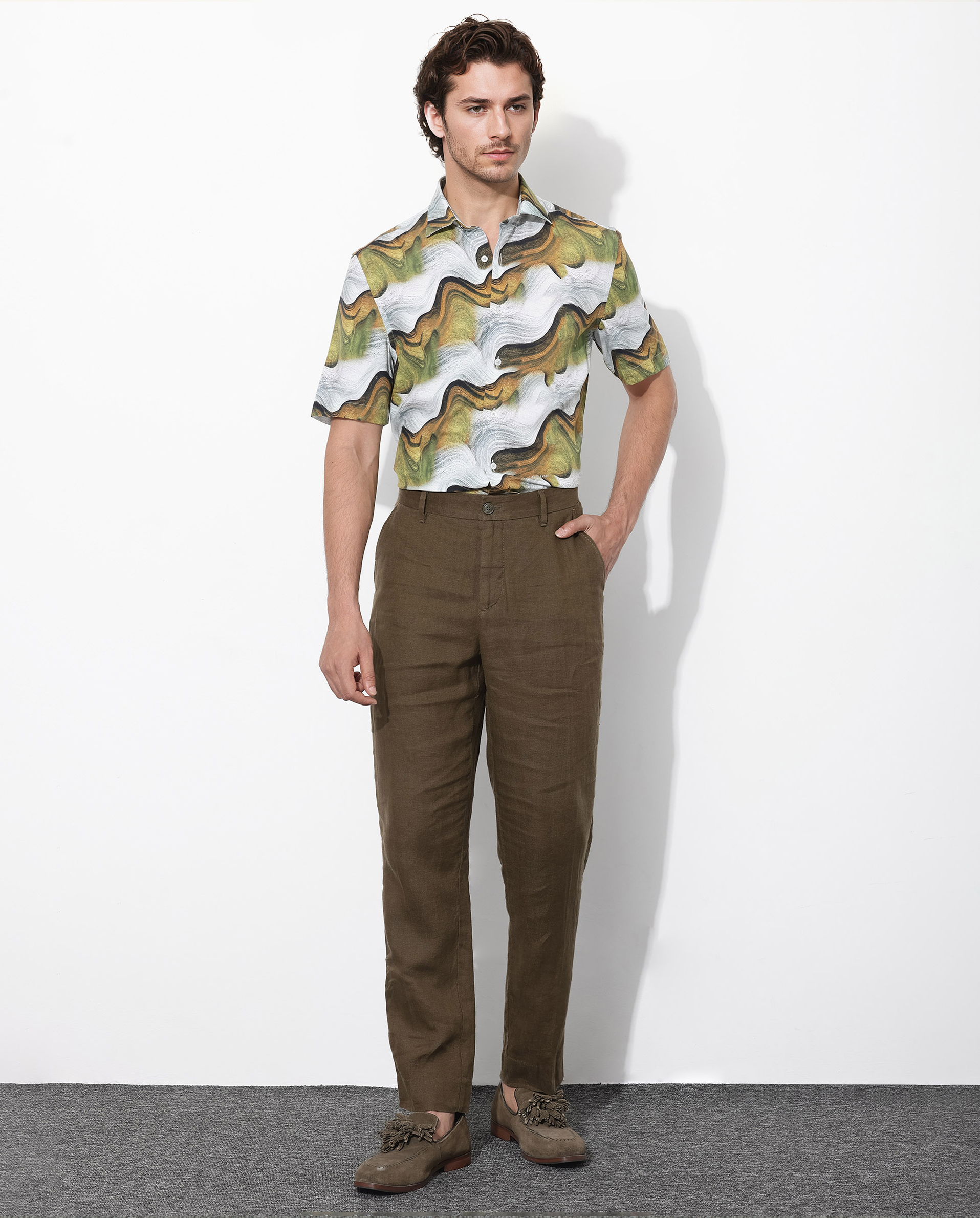 Rare Rabbit Men's Tijon Olive Viscose Fabric Short Sleeve Regular Fit Abstract Print Shirt