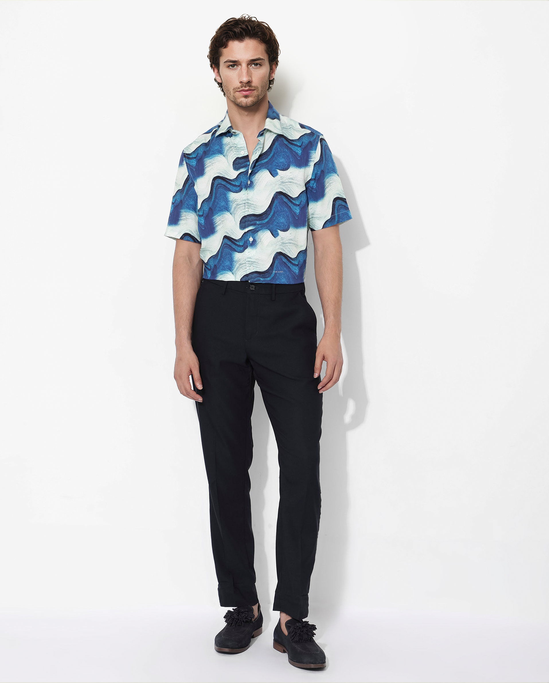 Rare Rabbit Men's Tijon Blue Viscose Fabric Short Sleeve Regular Fit Abstract Print Shirt