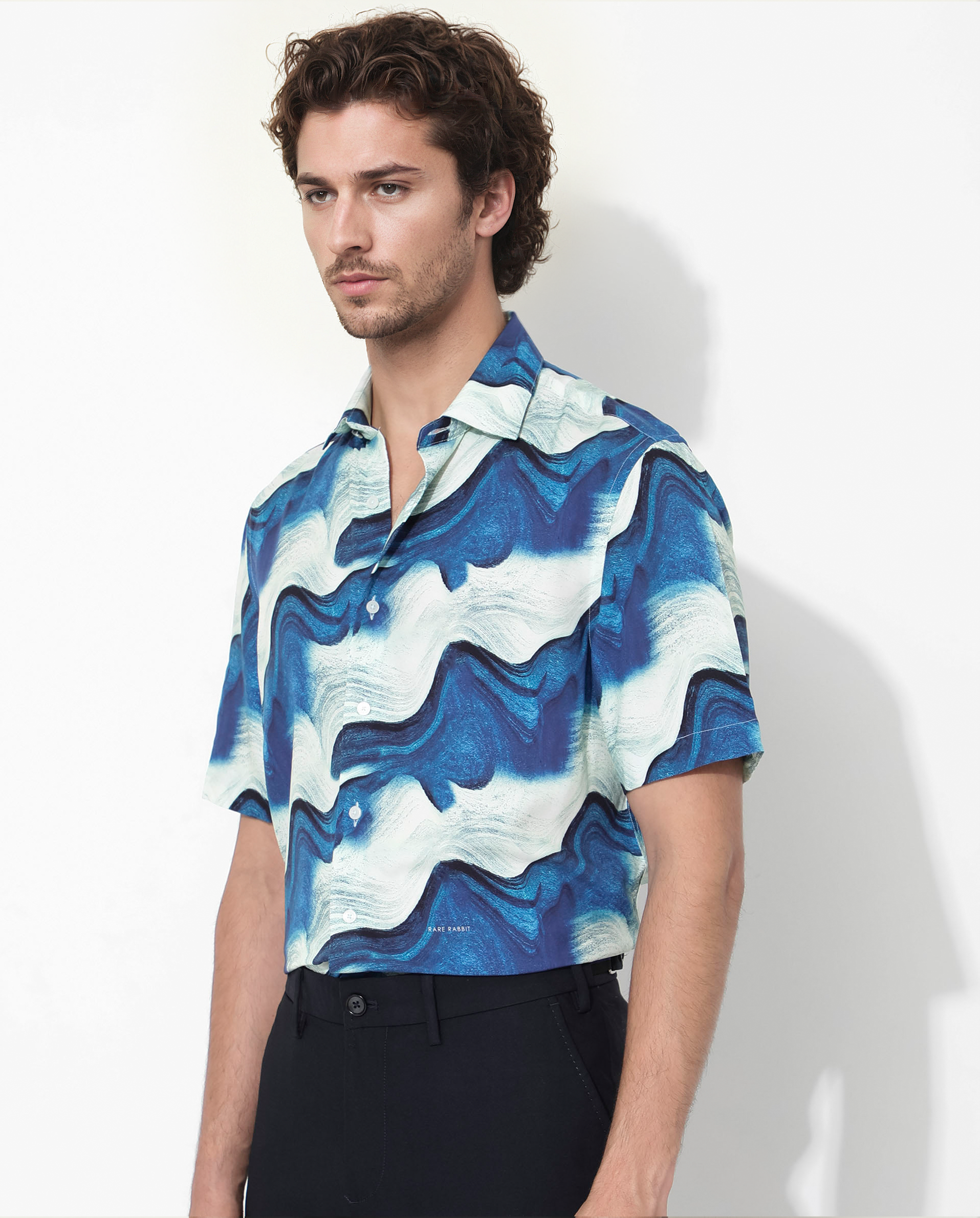 Rare Rabbit Men's Tijon Blue Viscose Fabric Short Sleeve Regular Fit Abstract Print Shirt