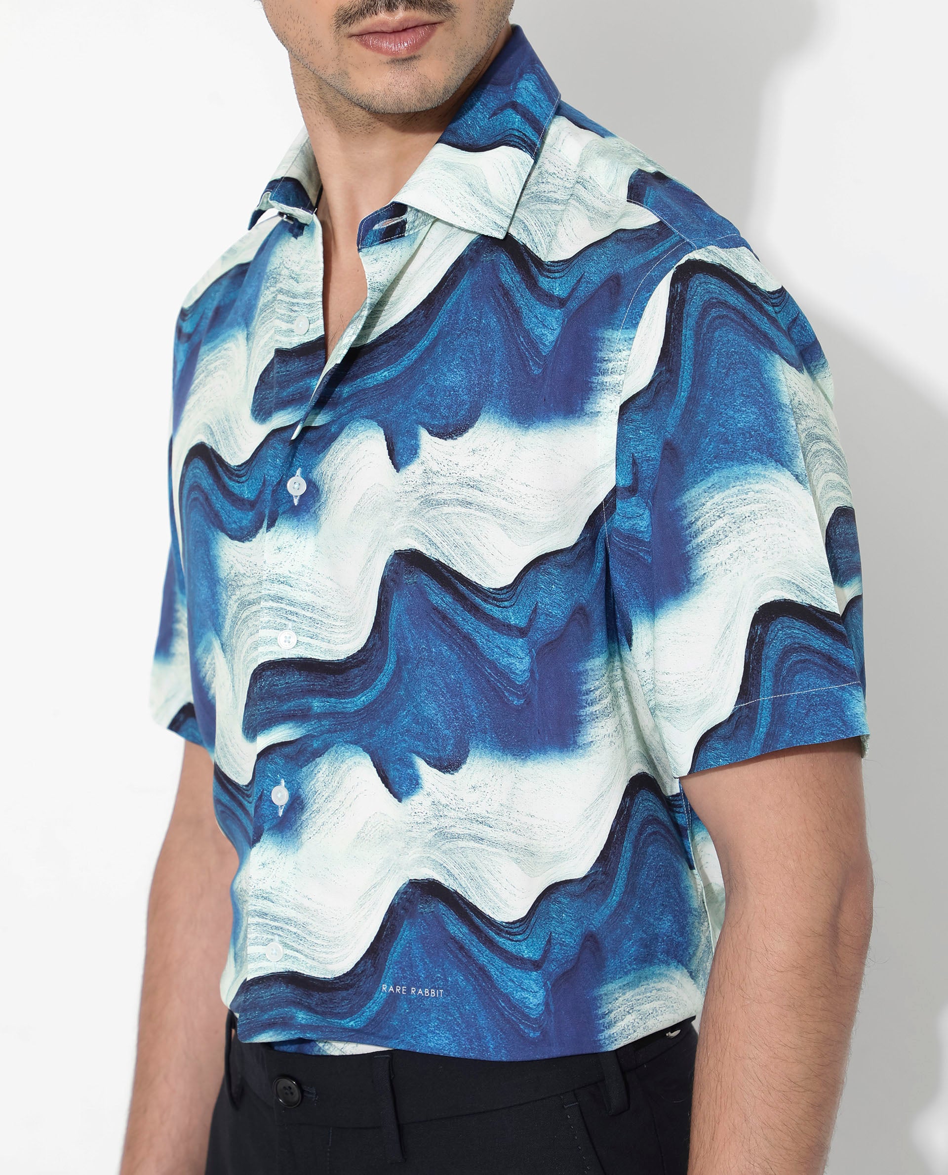 Rare Rabbit Men's Tijon Blue Viscose Fabric Short Sleeve Regular Fit Abstract Print Shirt