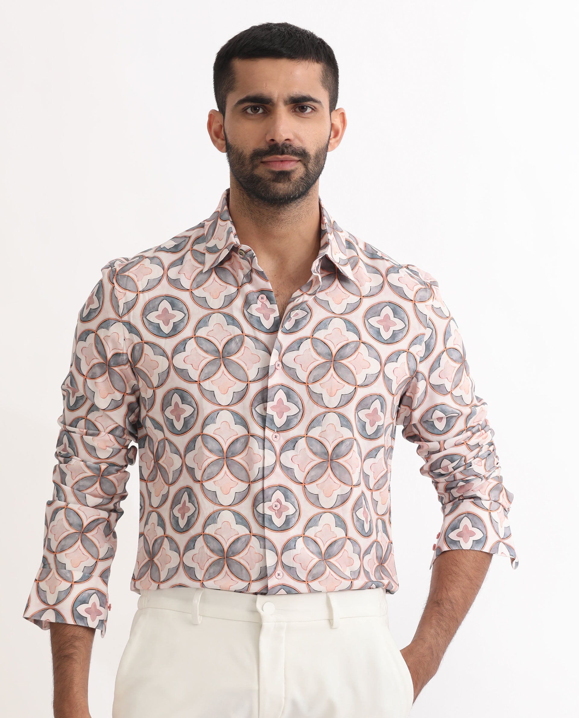 Rare Rabbit Men's Tiler Multi Viscose Fabric Geometric Print Full Sleeves Shirt