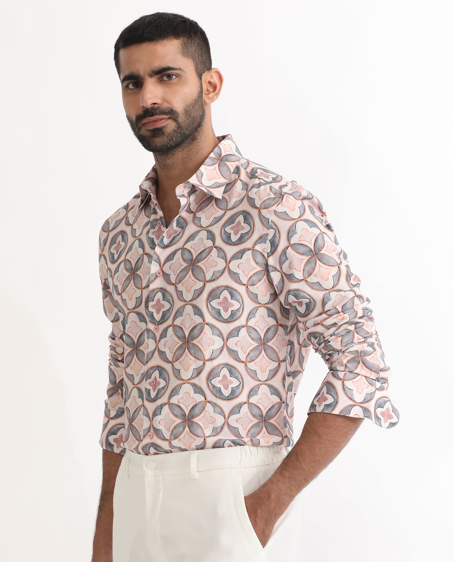 Rare Rabbit Men's Tiler Multi Viscose Fabric Geometric Print Full Sleeves Shirt