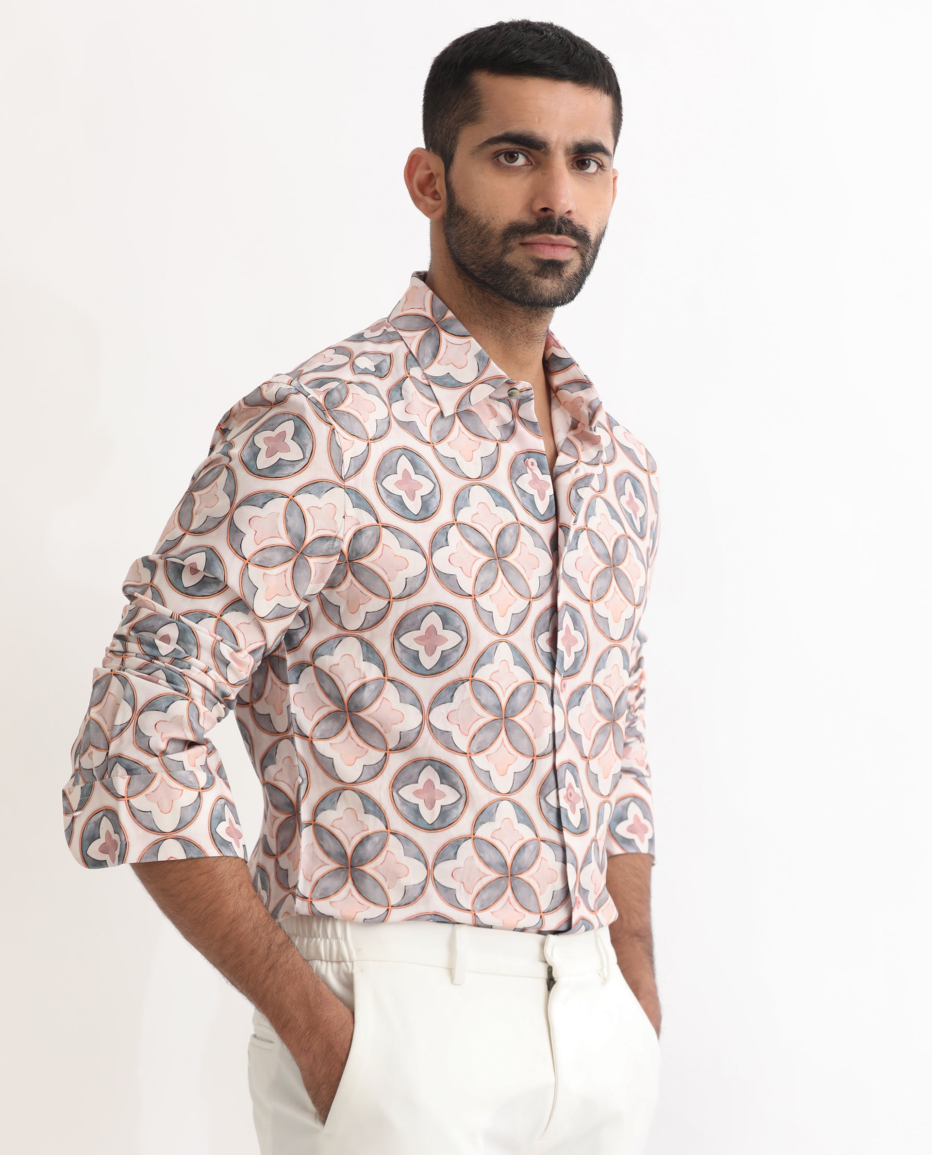 Rare Rabbit Men's Tiler Multi Viscose Fabric Geometric Print Full Sleeves Shirt