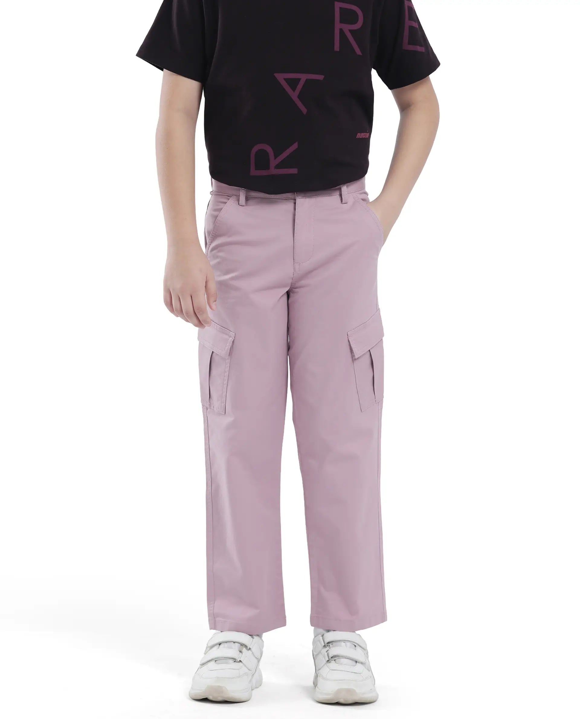 Rare Ones Kids Tilt Dusky Purple Cotton Button And Zip Plain Regular Fit Trouser