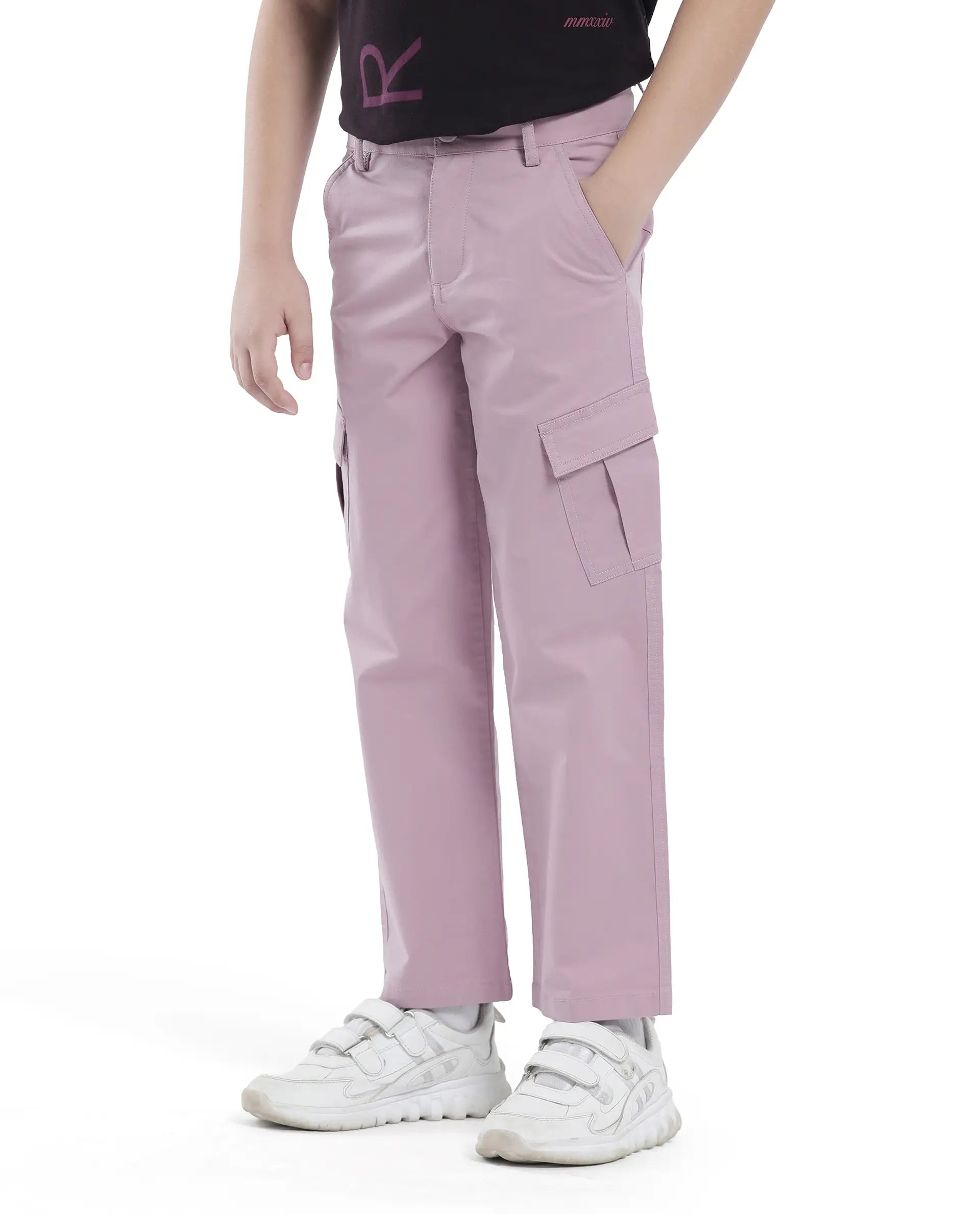 Rare Ones Kids Tilt Dusky Purple Cotton Button And Zip Plain Regular Fit Trouser