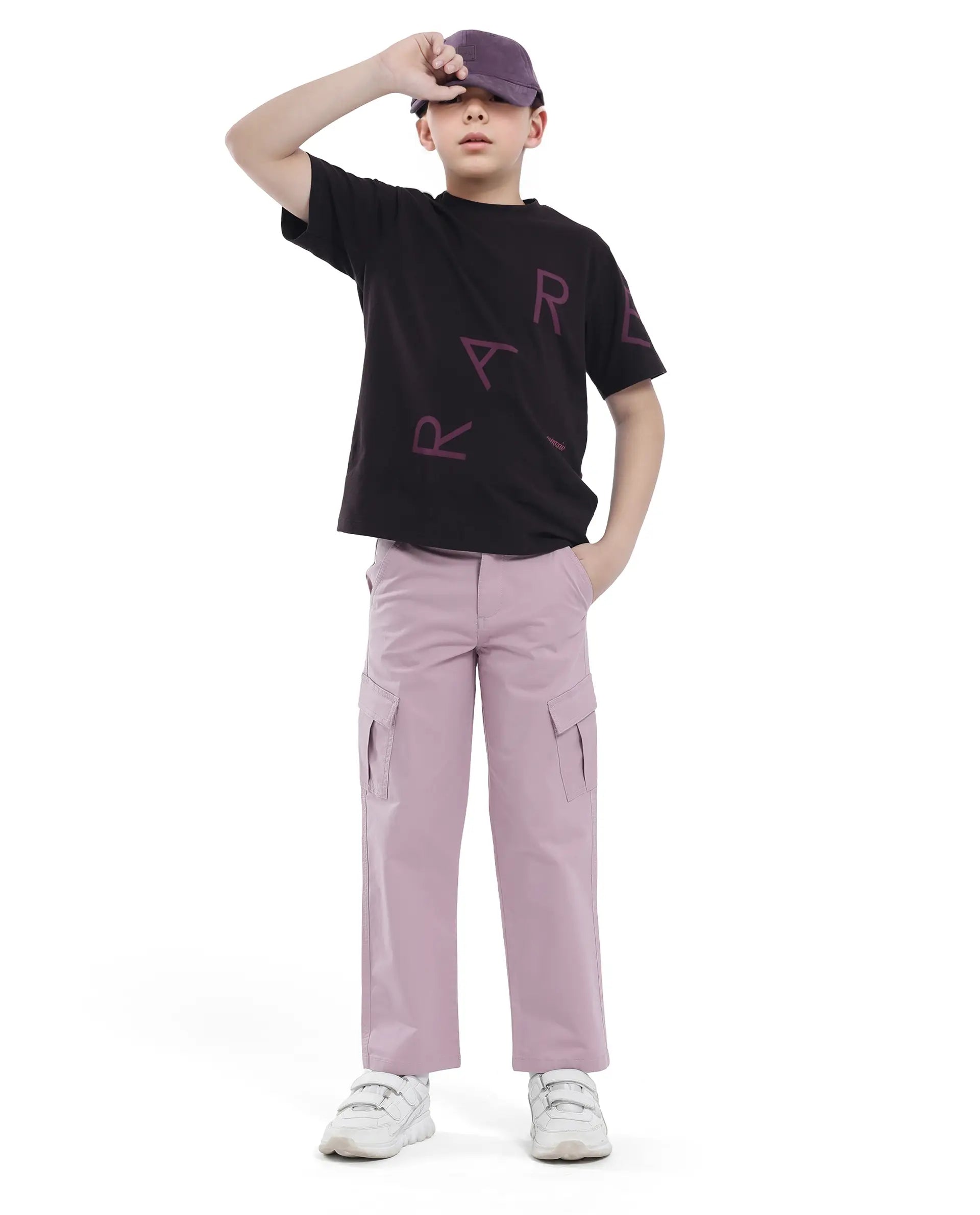 Rare Ones Kids Tilt Dusky Purple Cotton Button And Zip Plain Regular Fit Trouser
