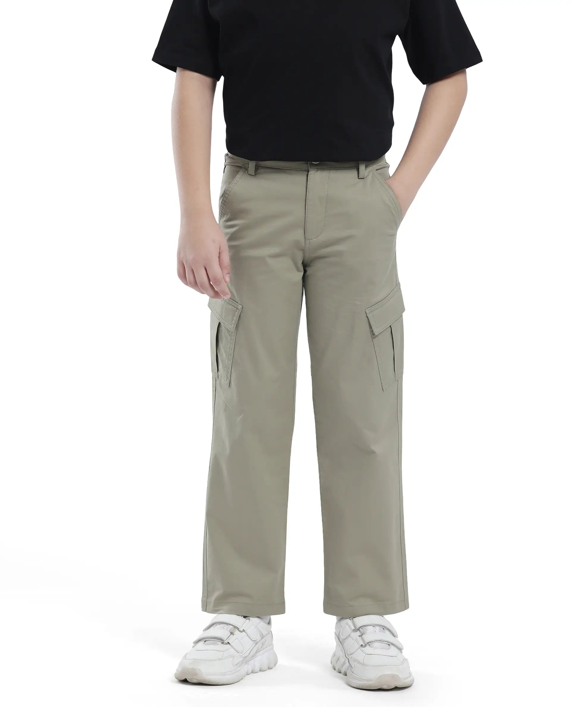 Rare Ones Kids Tilt Pastel Green Cotton Button And Zip Plain Regular Fit Trouser