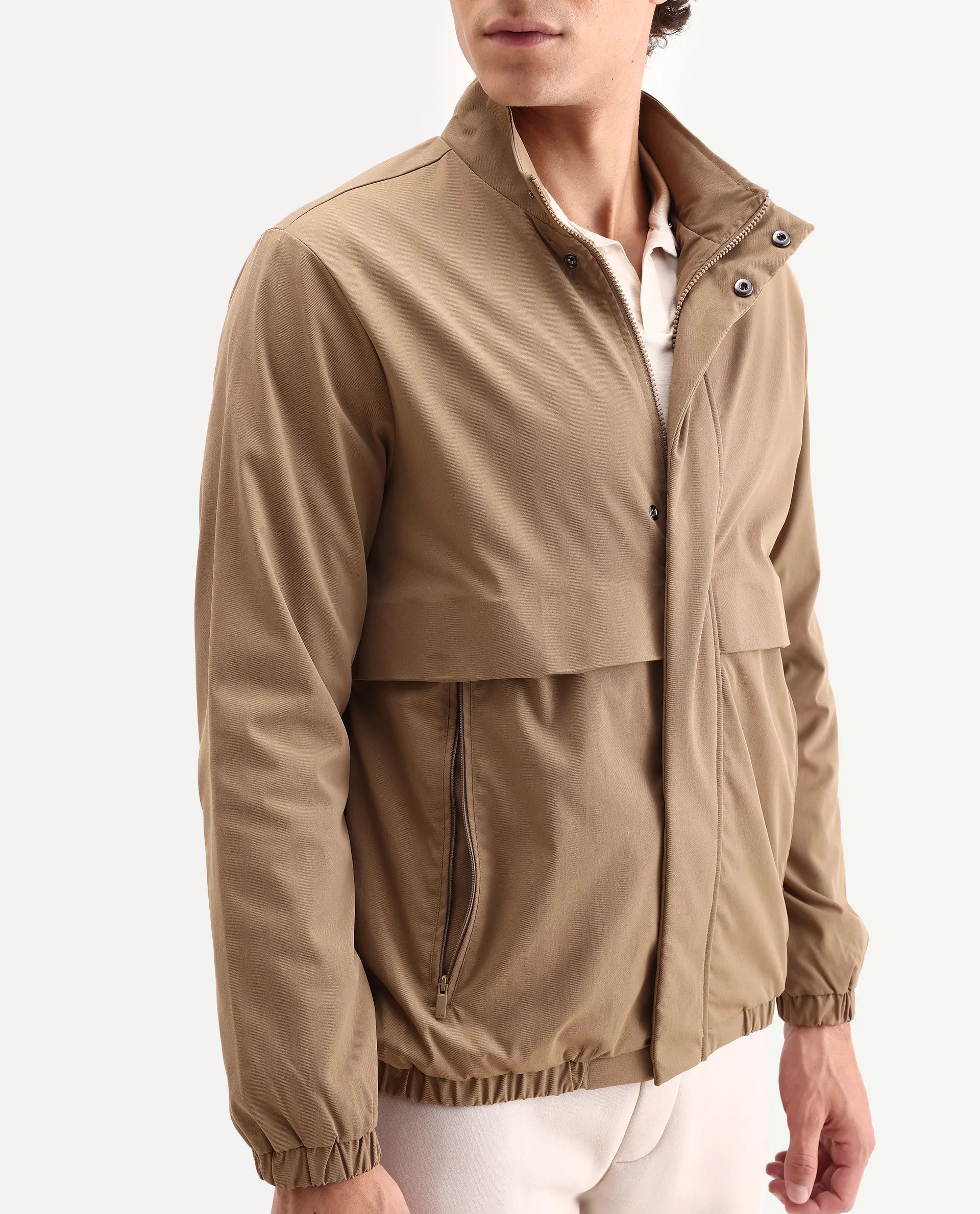 Rare Rabbit Men's Tim Beige Polyester Fabric High Neck Regular Fit Plain Jacket