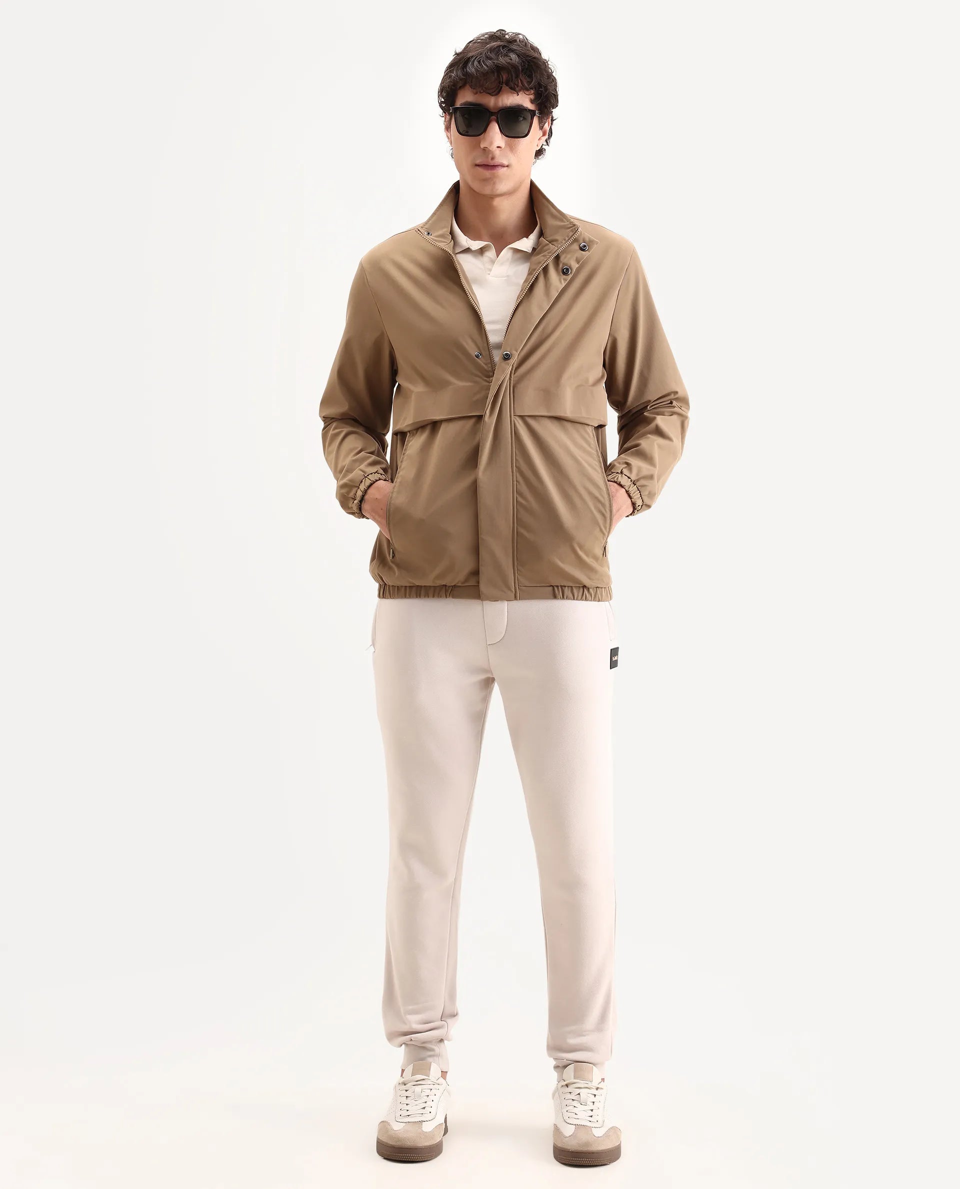 Rare Rabbit Men's Tim Beige Polyester Fabric High Neck Regular Fit Plain Jacket