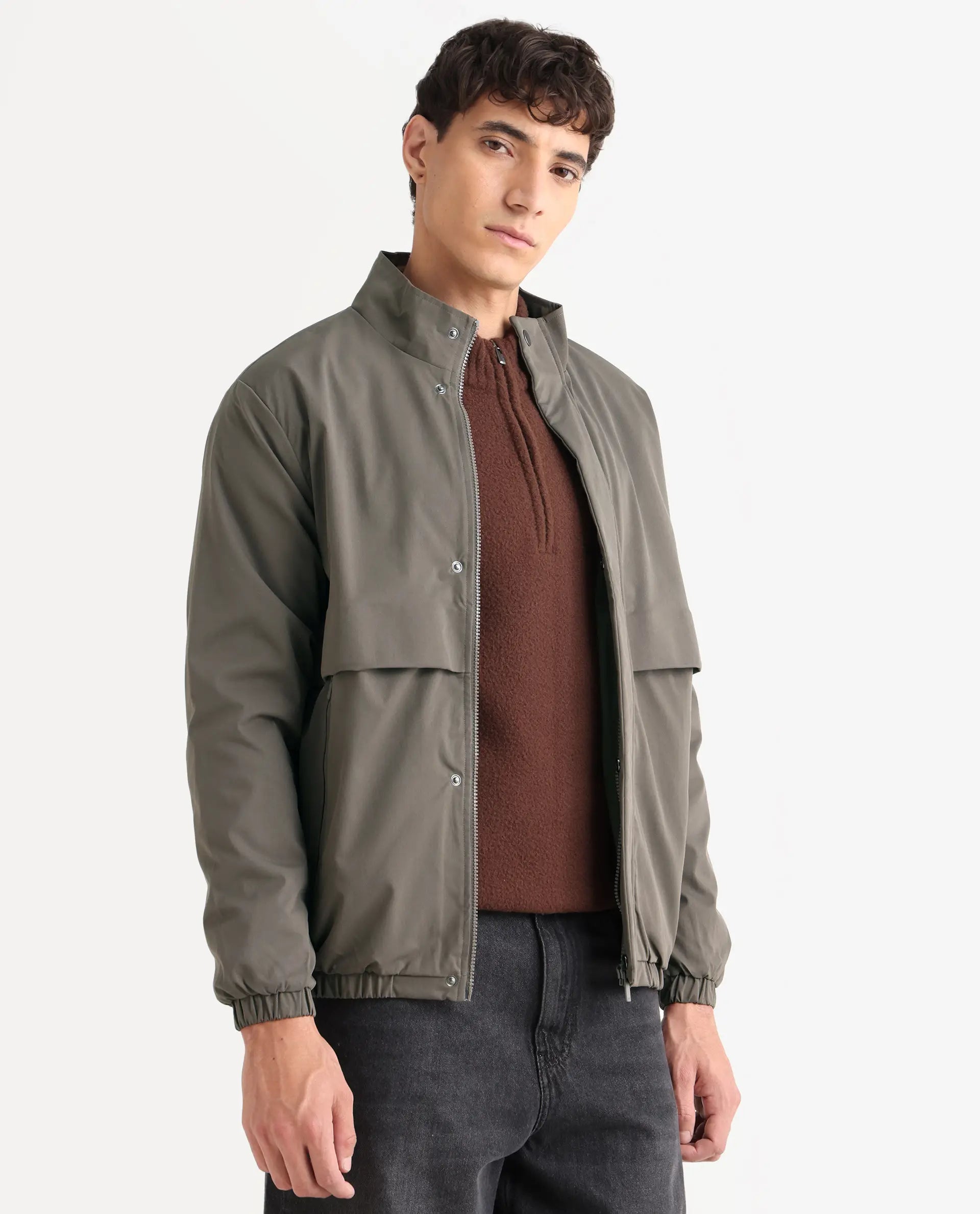 Rare Rabbit Men's Tim Grey Polyester Fabric High Neck Regular Fit Plain Jacket
