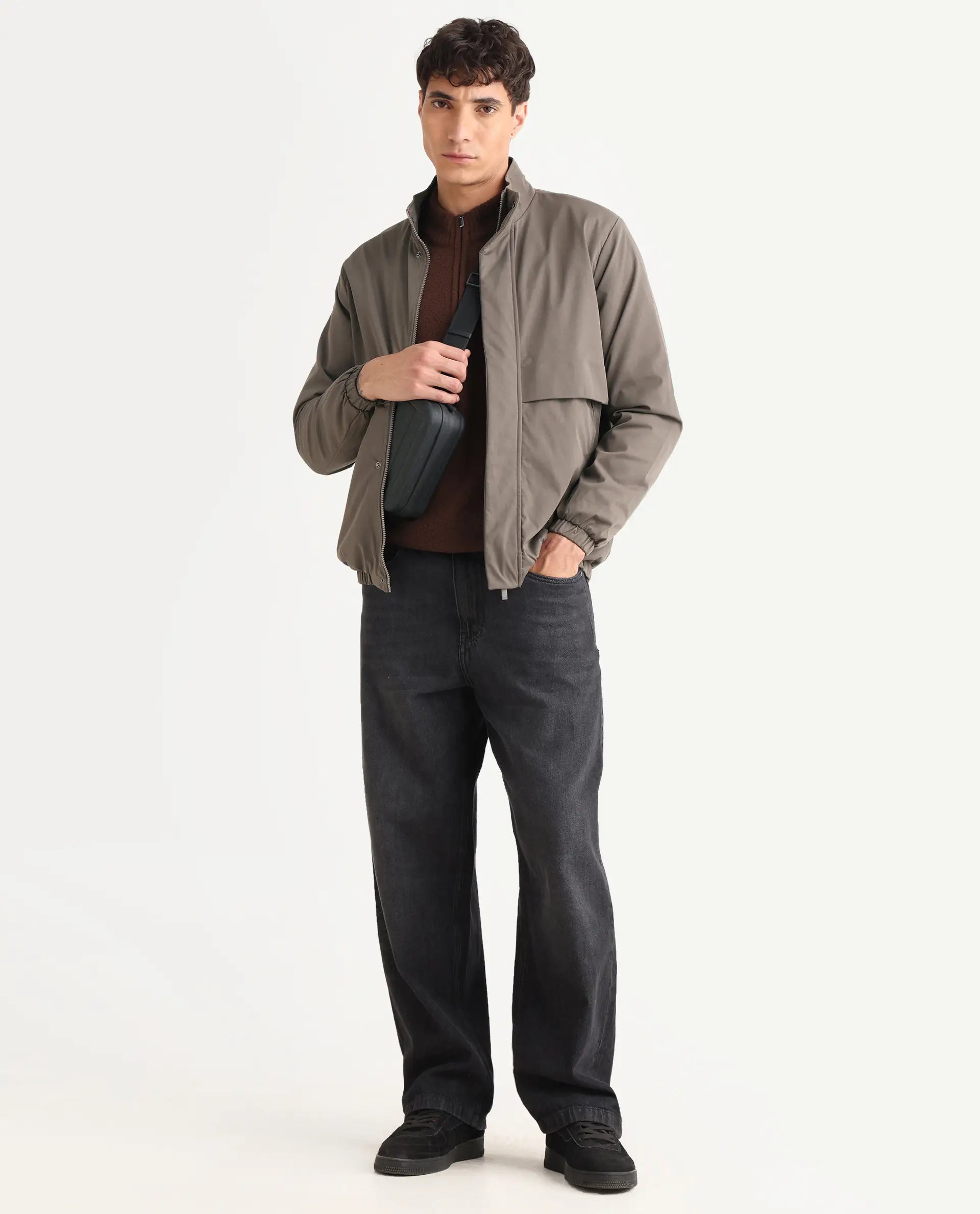 Rare Rabbit Men's Tim Grey Polyester Fabric High Neck Regular Fit Plain Jacket