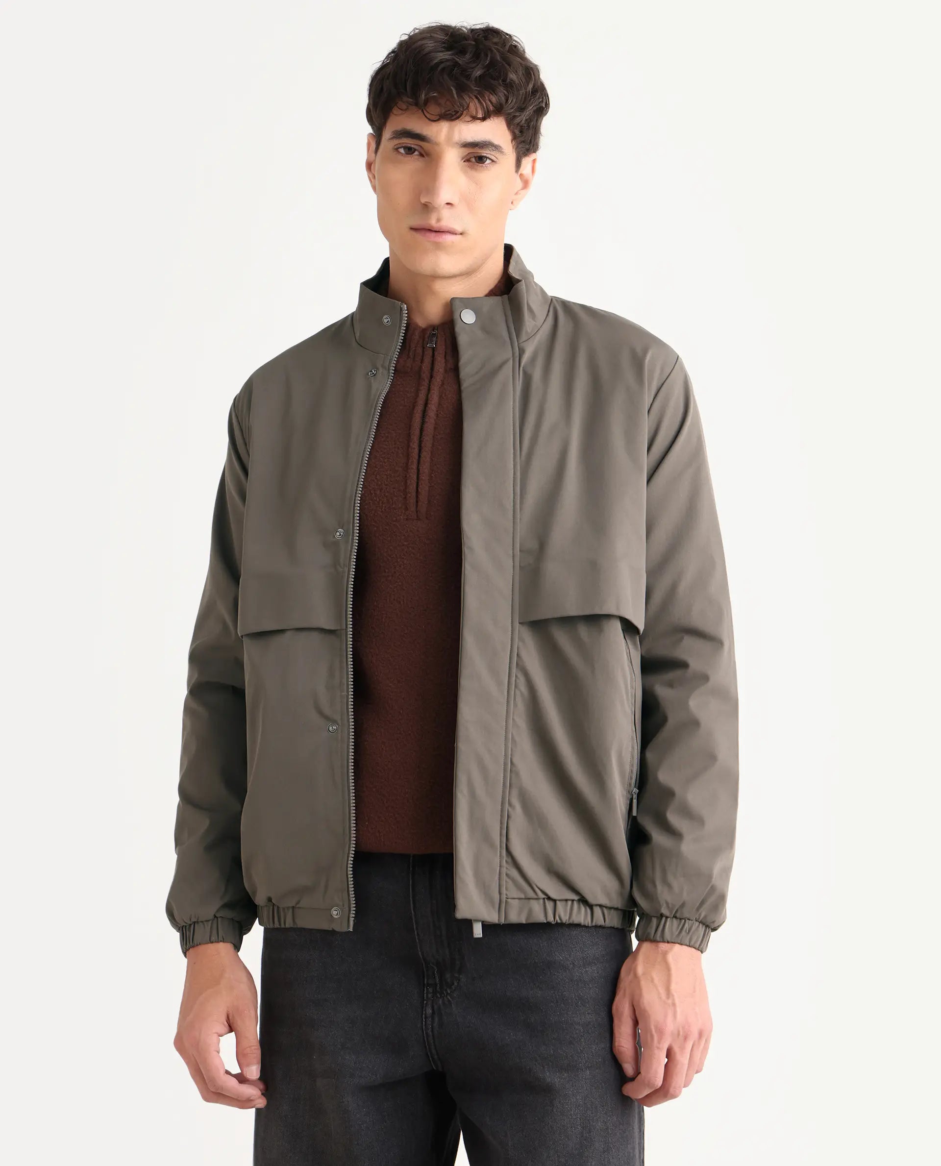 Rare Rabbit Men's Tim Grey Polyester Fabric High Neck Regular Fit Plain Jacket