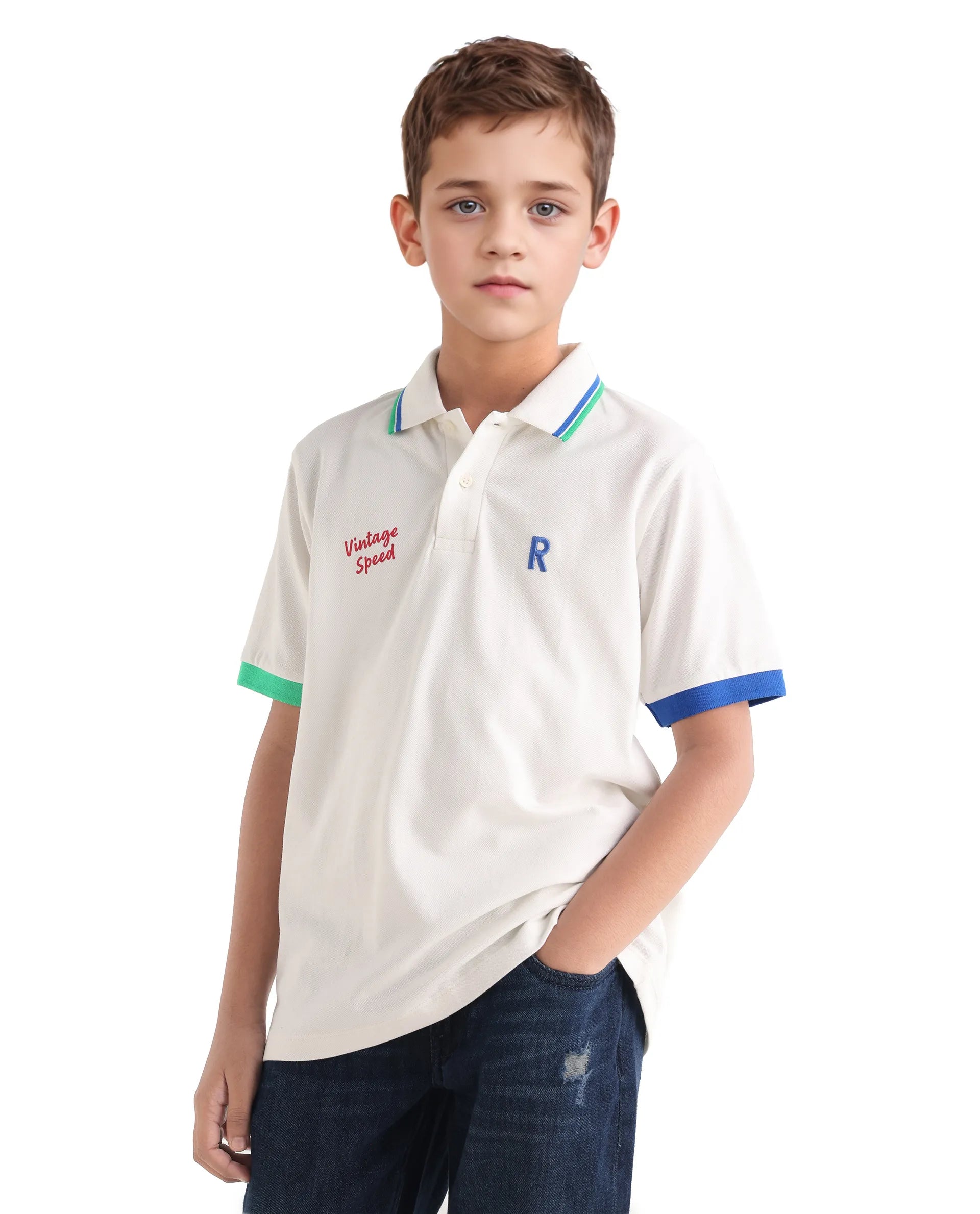 Rare Ones Kids Timmy Off White Cotton Blend Pigment Print Regular Fit Polo